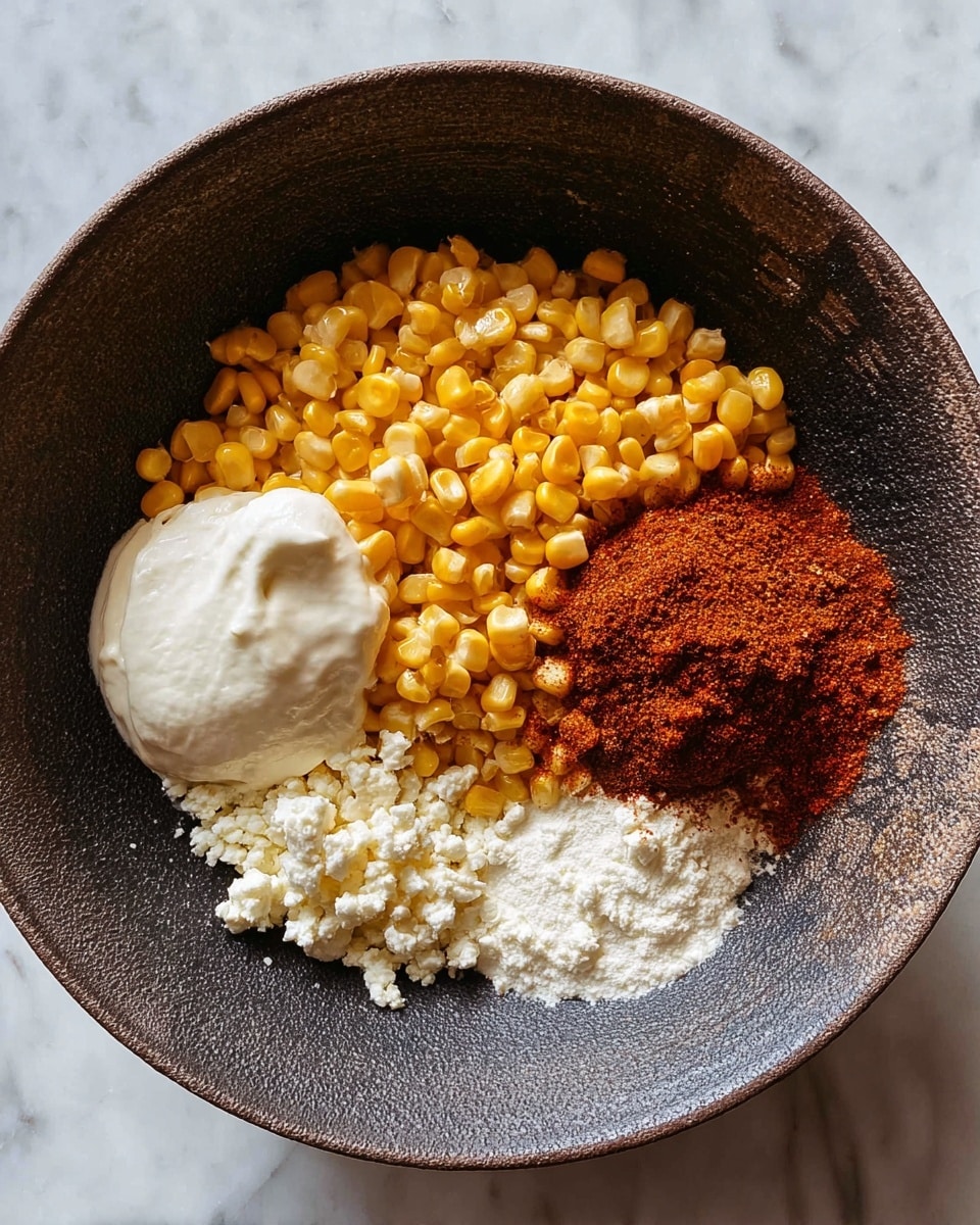 A dark textured bowl holds five separate layers of ingredients. Two sections are bright yellow corn kernels, one slightly larger than the other, filling nearly half of the bowl. In the top left, there is a smooth dollop of white cream. Below this is a small pile of crumbly white cheese. To the right of the cheese is a large patch of reddish-brown powder, and a smaller white crumbly mound sits along its edge. The bowl rests on a white marbled surface. photo taken with an iphone --ar 4:5 --v 7