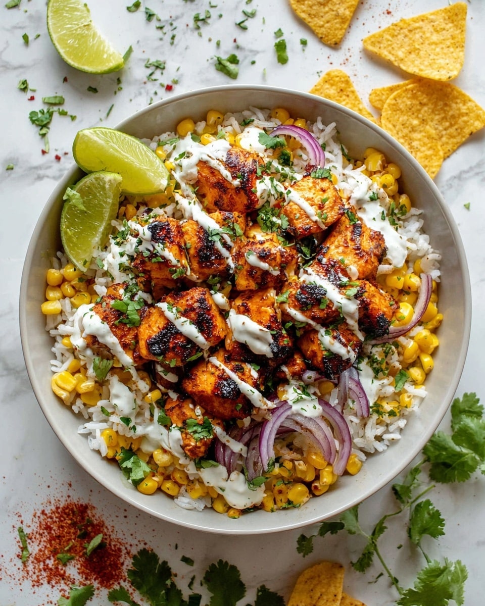 A white bowl filled with three main layers: the bottom layer is white rice with some small green herb pieces mixed in, the middle layer is bright yellow corn with chunks of light green avocado and fresh green cilantro leaves scattered on top, and the top layer consists of grilled chicken pieces with a reddish-brown char. The chicken is drizzled with a creamy white sauce sprinkled with red seasoning. A wedge of lime rests at the edge of the bowl. The bowl is placed on a white marbled surface with some lime and cilantro leaves nearby. Photo taken with an iphone --ar 4:5 --v 7