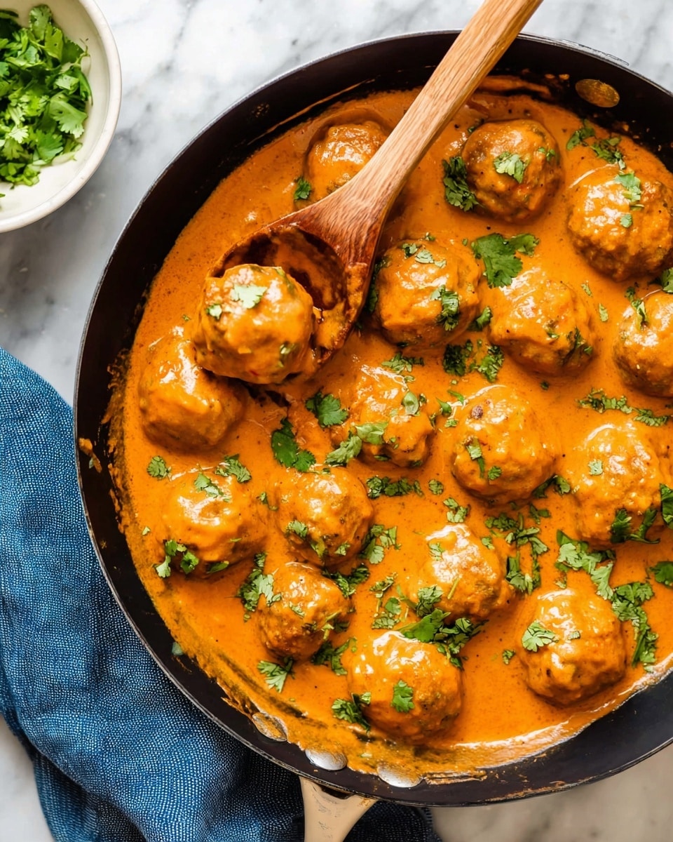 The dish shows a black skillet filled with small round meatballs covered in thick, smooth, orange sauce. The sauce has a creamy texture and covers each meatball evenly. Bright green chopped cilantro is sprinkled on top, adding fresh color contrast. A wooden spoon is scooping one meatball near the left side of the pan. The skillet rests on a white marbled surface, and part of a white bowl filled with more green herbs is seen on the bottom left. A blue cloth is partially visible under the skillet handle. photo taken with an iphone --ar 4:5 --v 7