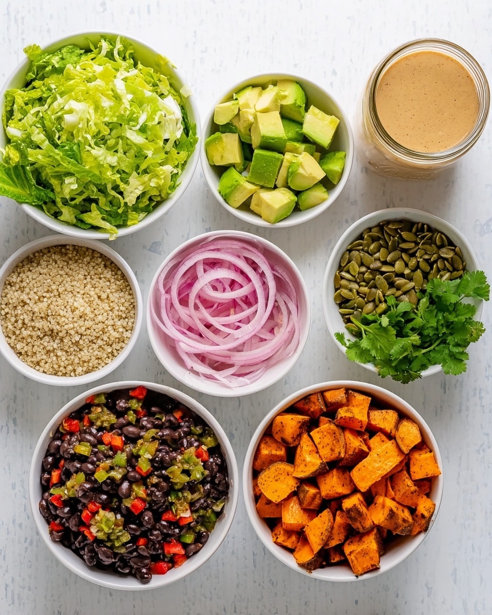 The image shows seven white bowls arranged on a white marbled surface, each holding different food ingredients. Starting from the top left is a white bowl full of bright green chopped lettuce. To the right of that is a glass jar filled with a creamy, light brown sauce. Next, there is a white bowl containing small green avocado cubes. Below it, a white bowl holds thin, bright pink slices of onions. To the right, another white bowl is filled with green pumpkin seeds. At the bottom right, a white bowl contains roasted orange sweet potato cubes with a slightly crispy texture. In the middle bottom section, a white bowl has a creamy beige grain, likely quinoa. Above this bowl, a smaller white bowl holds fresh green cilantro leaves, and in the center, a white bowl is filled with black beans mixed with diced red peppers and herbs, creating a mix of black, red, and green colors. photo taken with an iphone --ar 4:5 --v 7