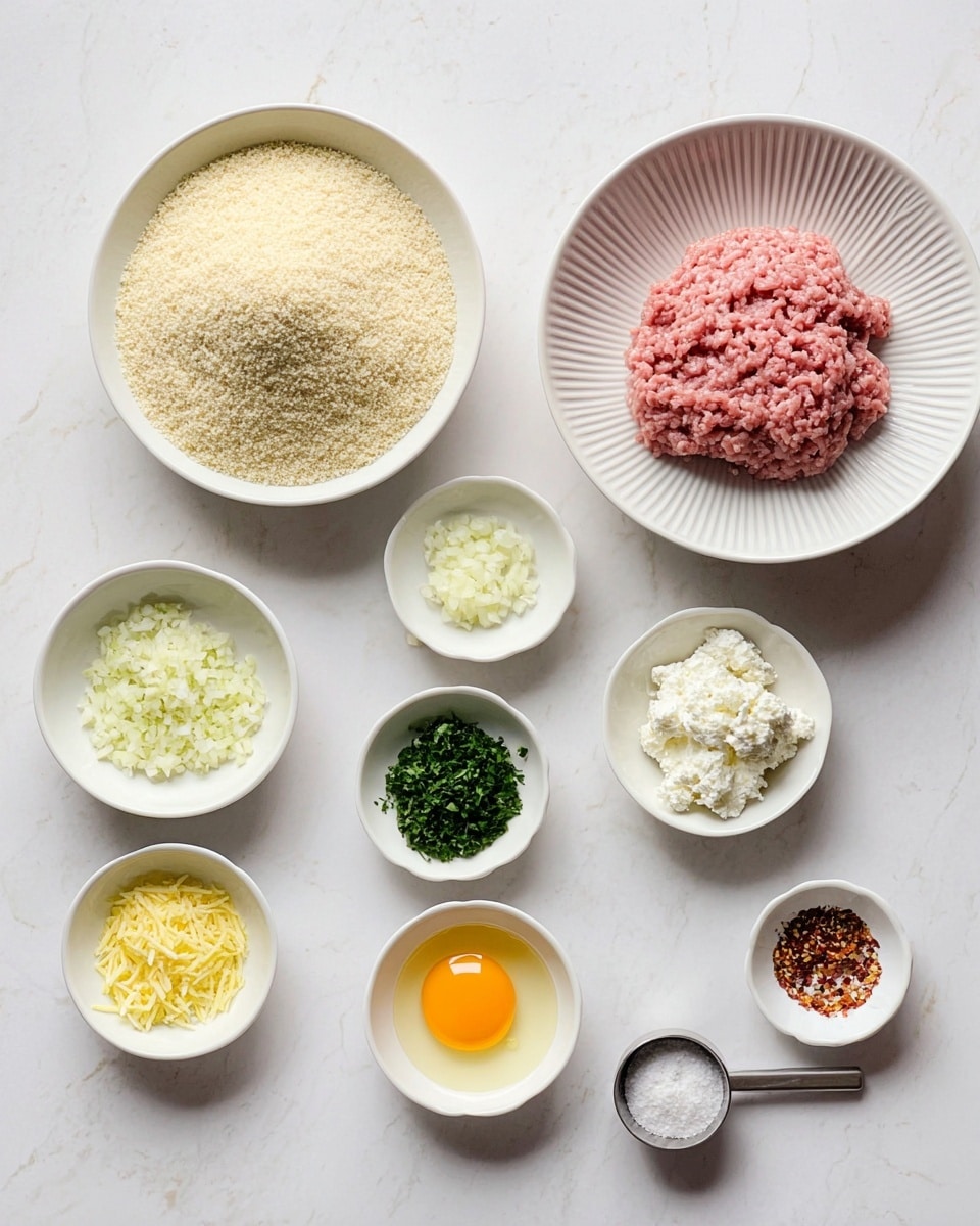 The image shows a clean white marbled surface with different white bowls and small dishes arranged neatly. There are 12 containers in total: a large white bowl with a mound of light beige breadcrumbs in the top left, a large white bowl with ridges containing pink minced meat in the bottom left, a small white bowl with finely chopped garlic at the top center, a small white bowl with white cottage cheese to the right of it, two small white bowls with chopped green herbs beneath the cottage cheese, a small white bowl with finely chopped onions under the garlic, a small white bowl with yellow lemon zest below the onions, a small white bowl with a single raw egg yolk beside the lemon zest, a small white bowl with a pinch of red pepper flakes to the bottom right of the egg, a small white bowl with coarse salt at the bottom right, and a small metal measuring cup with grated cheese beside the herbs on the right. photo taken with an iphone --ar 4:5 --v 7