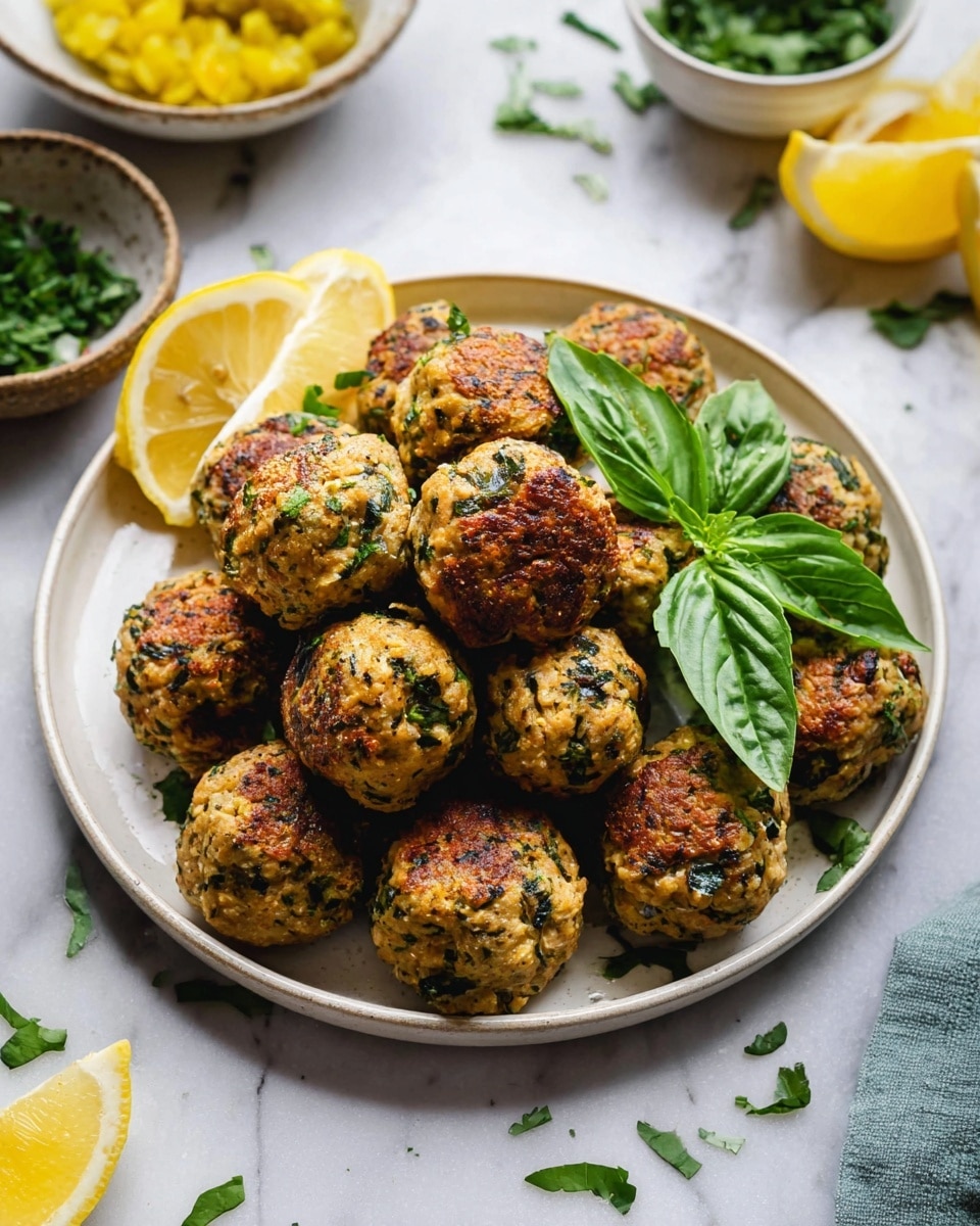 A white plate holds a pile of about fifteen round meatballs, each with a golden-brown, slightly crispy texture mixed with green herbs visible throughout. Two slices of bright yellow lemon rest on top of the meatballs, next to a small cluster of fresh basil leaves with deep green color. The plate is set on a white marbled surface, with scattered chopped herbs around it. In the background, there are bowls with green and yellow ingredients and some more fresh basil leaves on the side. Photo taken with an iphone --ar 4:5 --v 7