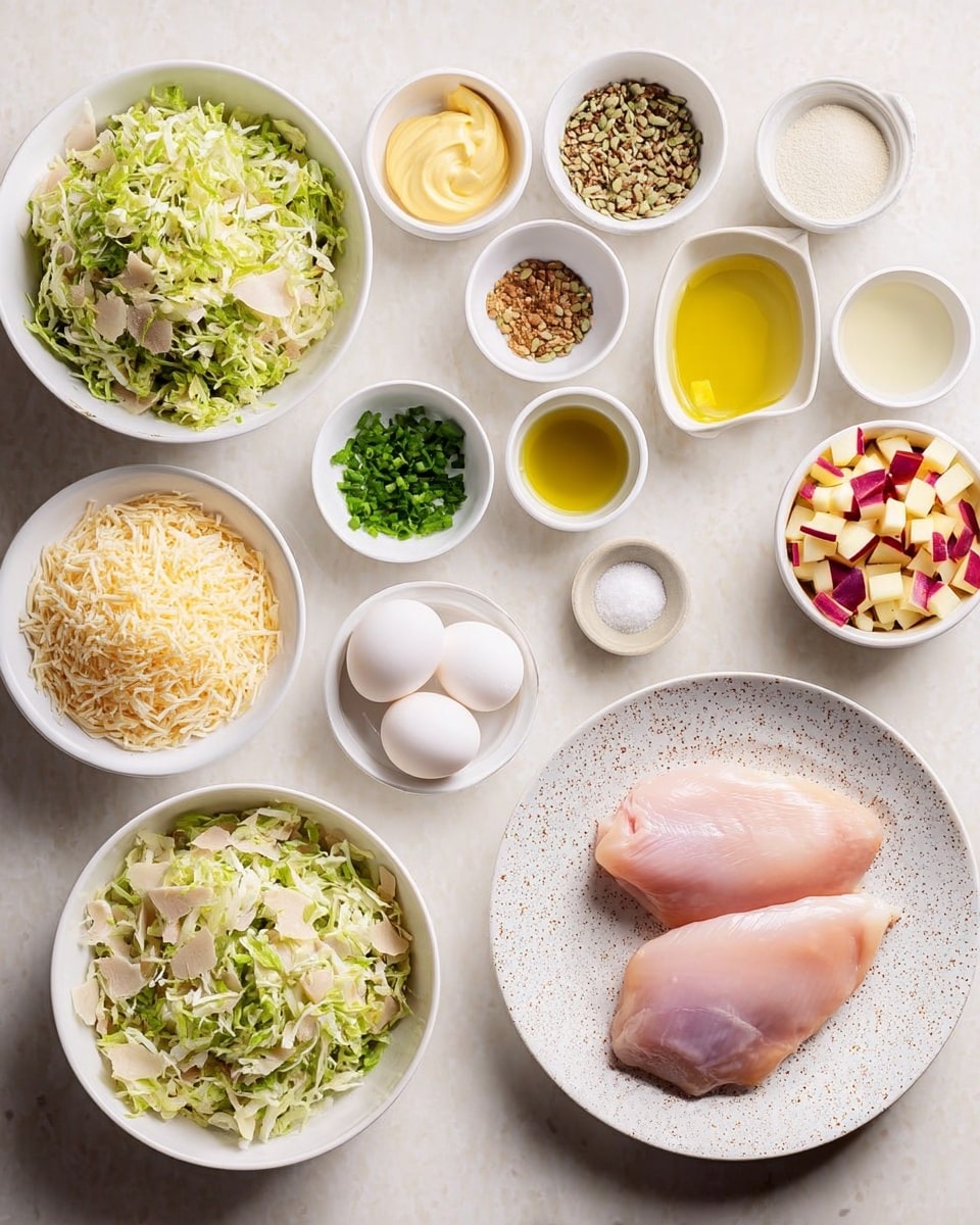 The image shows a top view of many ingredients arranged neatly on a white marbled surface. On the right, there is a white speckled plate with two raw pink chicken pieces. Surrounding this plate are small white bowls with various ingredients: yellow mustard, white sour cream, light beige sugar, green chopped herbs, green chopped spring onions, light yellow olive oil, white grated cheese, light brown ground spice, small white eggs, white salt, and green pumpkin seeds. On the left side, there are two white bowls filled with shredded vegetables: one with light green shredded Brussels sprouts and one with mixed shredded white and purple cabbage. In the middle is a white bowl with small light yellow crumbs and another with chopped red and yellow apple sticks. The setup looks clean and bright, ready for cooking. Photo taken with an iphone --ar 4:5 --v 7