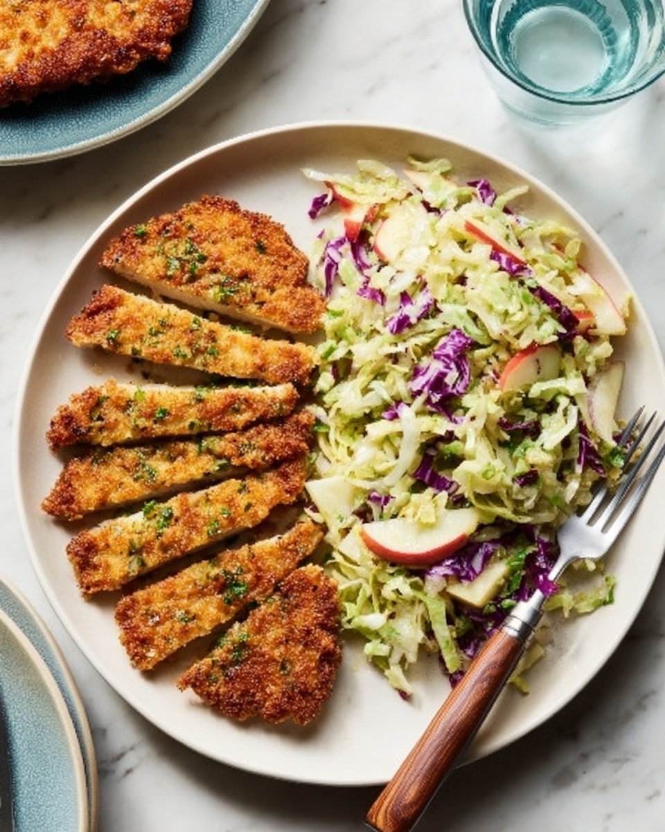 A white plate holds two main parts: on the left side, there are five slices of a golden-brown breaded cutlet with a crispy texture, showing some green herbs sprinkled on top; on the right side, a colorful salad made of chopped vegetables including light green cabbage, thin red apple slices, and purple cabbage, all mixed with a light dressing giving a fresh, slightly glossy look; a silver fork with a wooden handle rests on the right edge of the plate; the plate sits on a white marbled surface with parts of other plates and a clear glass of water visible nearby. photo taken with an iphone --ar 4:5 --v 7