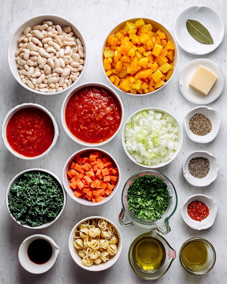 The image shows many small white bowls and a clear measuring cup arranged neatly on a white marbled surface, each filled with different ingredients for cooking. From left to right, there is a bowl of white beans, a bowl of tomato sauce with a vibrant red color, and a bowl filled with bright orange-yellow diced squash in the center. Next to it are a bowl of chopped white onions and a bowl of chunky red diced tomatoes. Below are a bowl of fresh green chopped kale and a bowl of small beige pasta shapes. To the right are smaller bowls with chopped orange carrots, green celery, and minced garlic, as well as bowls containing olive oil, salt, pepper, fennel seeds, crushed red pepper flakes, and a single bay leaf on a small dish. In the top middle is a small plate holding a single piece of Parmesan cheese with holes. photo taken with an iphone --ar 4:5 --v 7
