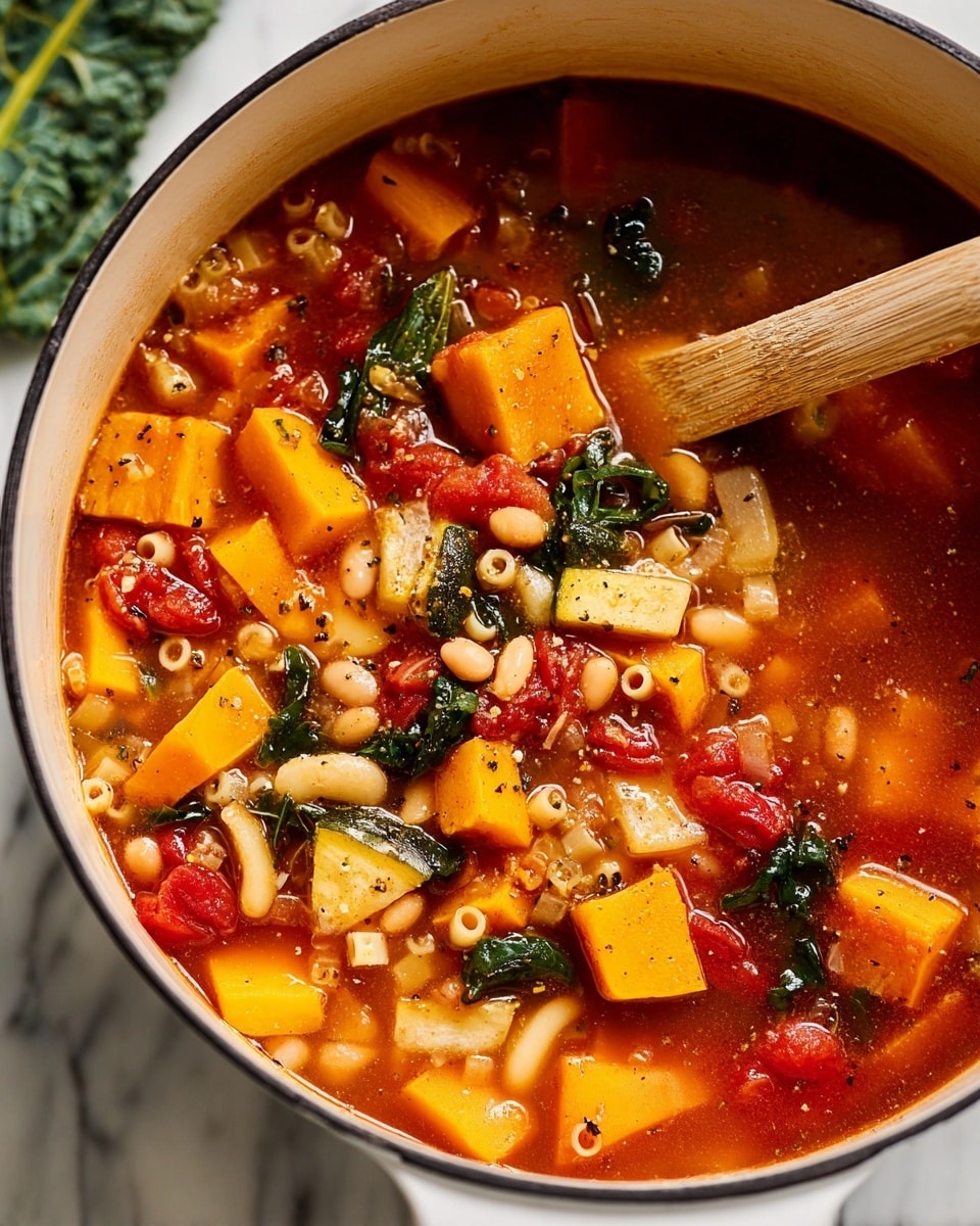 A close-up view of a white pot filled with hearty vegetable soup consisting of multiple layers: bright orange cubes of squash and diced red tomatoes, small white beans, green leafy vegetables, onions, and tiny round pasta pieces, all mixed in a rich, red broth with visible herbs and spices; a wooden spoon on the right side stirs the soup, showing the soft texture and vibrant colors of the ingredients; the pot sits on a white marbled surface with a leafy green garnish slightly blurred in the background, photo taken with an iphone --ar 4:5 --v 7