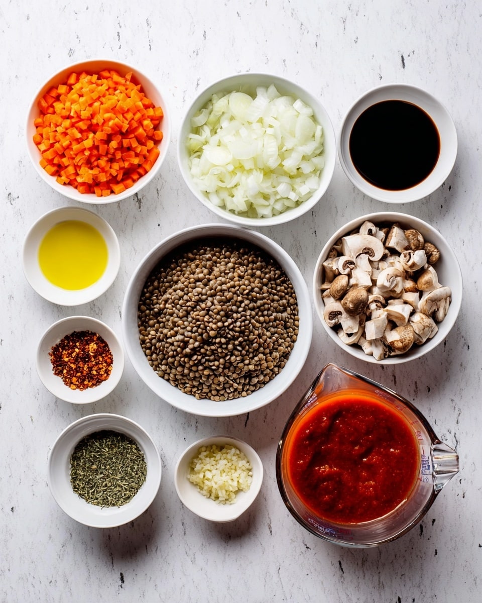 The image shows ten white bowls arranged on a white marbled surface, each holding different ingredients. Starting from the top left, there is a bowl with chopped bright orange carrots, next to it is a bowl with finely chopped white onions. Below those, a large bowl contains finely chopped brown mushrooms with white stems. In the center, there is a bowl full of small dark brown lentils. To the right of the lentils, a small bowl holds minced garlic with a slightly creamy texture. Above it, a small bowl contains yellow olive oil. Below the garlic bowl, a tiny bowl has dark red pepper flakes. A small bowl near the middle right contains dried green herbs. Below that, a bowl holds dark brown soy sauce. Finally, to the right bottom corner, a clear glass measuring cup is filled with rich red tomato sauce. Each bowl is plain white, and the colors and textures of the ingredients stand out against the clean white marbled background. Photo taken with an iphone --ar 4:5 --v 7