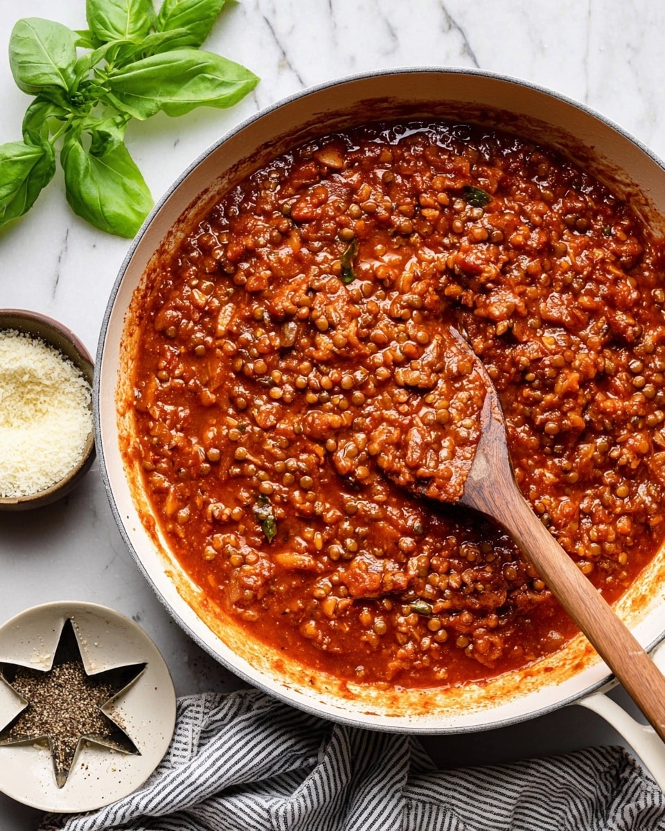 A close-up view of a deep white pan filled with thick, chunky tomato sauce mixed with small pieces of brown lentils and diced vegetables, showing a rich reddish-brown color and slightly glossy texture. A wooden spoon rests inside the pan, partially stirring the sauce and revealing the white surface beneath. The pan is set on a white marbled surface with a small bowl of grated cheese and a star-shaped dish of black pepper nearby. Fresh green basil leaves sit on the side, adding a touch of bright color. A striped cloth is partially visible under the pan. Photo taken with an iphone --ar 4:5 --v 7