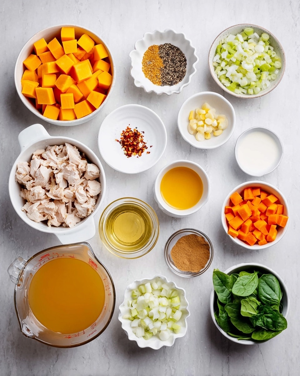 The image shows various ingredients arranged neatly on a white marbled surface. There are 14 dishes and containers: a white bowl filled with cubed orange squash, a white bowl with chopped cooked chicken, a white shallow dish with a mixture of brown spices, black pepper, and red pepper flakes, a small white plate with minced garlic, a white container with coconut milk, a small white dish with yellow grated ginger, a white scalloped bowl containing yellow oil, a transparent measuring cup filled with light brown broth, a small white bowl with brown powder, a white bowl filled with diced white onions, a white bowl with chopped green spinach leaves, a small white bowl with chopped celery, and a white shallow plate with diced orange carrots. All items are pictured from above, well lit with bright, natural light. Photo taken with an iphone --ar 4:5 --v 7