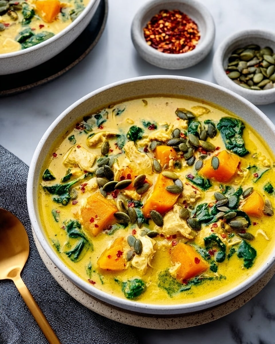 A white shallow bowl filled with a yellow soup that has a creamy texture, with chunks of orange squash and small pieces of white chicken mixed with bright green spinach leaves throughout. The soup is topped with scattered pumpkin seeds and some red chili flakes for color. The bowl is placed on a white marbled surface, with a gray cloth napkin and a golden spoon resting beside it. Two small white bowls with pumpkin seeds and red chili flakes are also visible in the background. Photo taken with an iphone --ar 4:5 --v 7