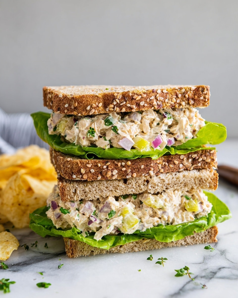 The image shows a sandwich with two layers of multigrain bread that is light brown with visible seeds. The bottom layer has a thick spread of creamy chicken salad mixed with small pieces of red onion, green celery, and herbs, resting on a leaf of bright green lettuce. Above it, another layer of similar chicken salad with the same colorful ingredients sits on another piece of fresh green lettuce. The sandwich is cut in half and stacked, with the white marbled surface underneath scattered with herbs and some potato chips in the left corner. photo taken with an iphone --ar 4:5 --v 7