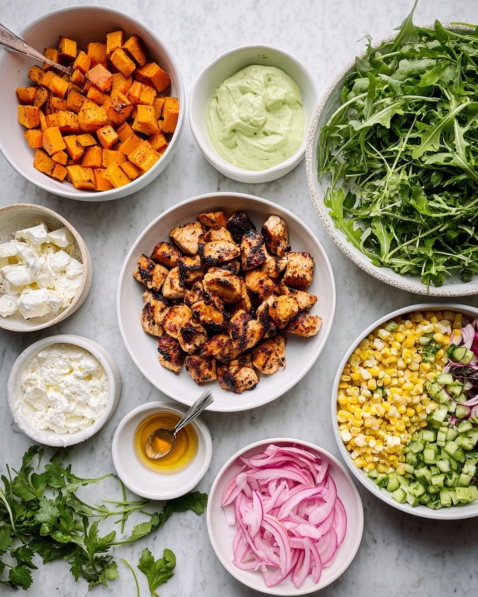 A white bowl in the center holds small pieces of cooked chicken with a dark brown grilled texture. Surrounding it are other white bowls: one with bright orange roasted sweet potato cubes on the left, another with creamy cottage cheese below, and a bowl of yellow corn mixed with red onion and herbs to the right. Above the chicken are three smaller white bowls – one with light green creamy sauce, one with chopped fresh cucumber, and one with bright pink pickled onions. To the far right, there is a larger white bowl filled with fresh green arugula leaves, and next to it, a small white bowl with honey and a spoon inside. The bowls are placed on a white marbled surface with a few sprigs of fresh herbs scattered near the bottom left. Photo taken with an iphone --ar 4:5 --v 7