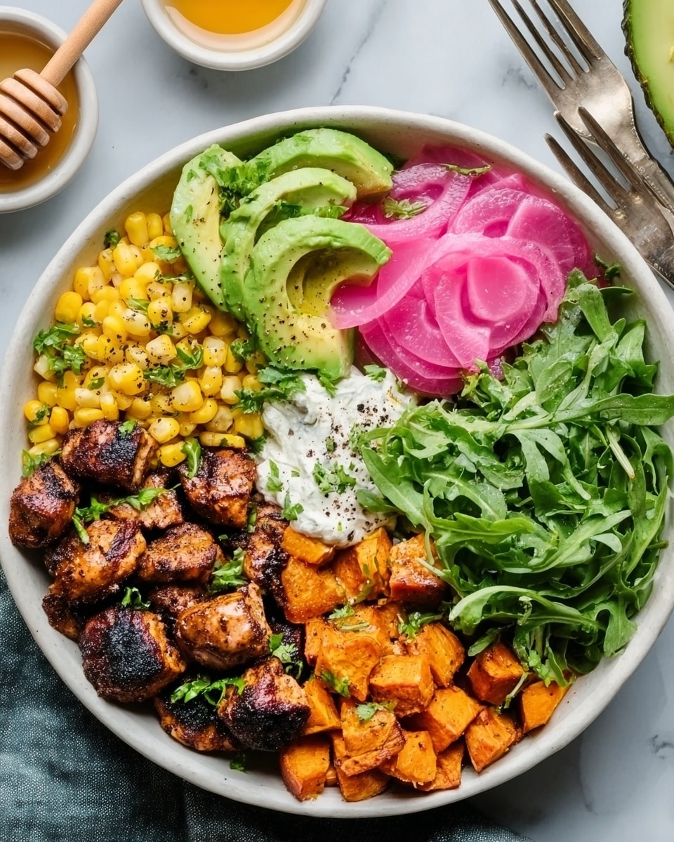 A white bowl filled with six colorful layers arranged in sections: at the top left, a mix of yellow corn and small green herbs; next to it, slices of green avocado; in the center top, bright pink pickled onions with a slightly shiny texture; right side shows a white creamy layer with black pepper sprinkled on top; below it, chunks of orange roasted sweet potato; bottom center has a pile of fresh green leafy arugula; and bottom left features dark brown grilled chicken pieces. The bowl sits on a white marbled surface with a woman's hand holding a fork nearby and a honey dipper with honey in a small white bowl visible in the background. photo taken with an iphone --ar 4:5 --v 7