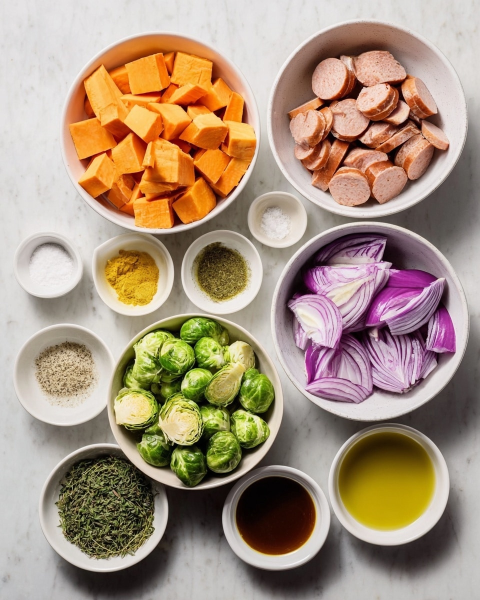 The image shows ingredients neatly arranged on a white marbled surface, each in white bowls or small white dishes. There are three larger white bowls, one filled with cubed orange sweet potatoes, another with halved green Brussels sprouts, and a third with sliced purple onions. A fourth large bowl holds cut pieces of sausage. Surrounding these are small white dishes containing salt, a light brown liquid, dried herbs, minced garlic, mustard sauce, a yellow powder, chopped herbs, olive oil, and a dark brown liquid, all vividly colored with smooth and dry textures. The lighting is bright and natural, emphasizing the freshness and colors of the ingredients. Photo taken with an iphone --ar 4:5 --v 7