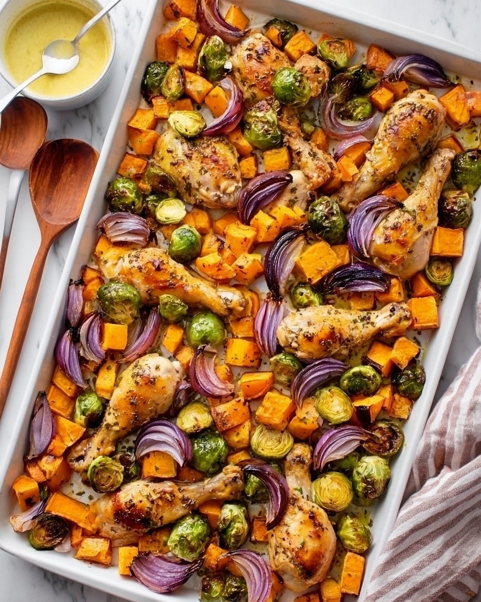 A white baking tray filled with roasted chicken drumsticks that are golden brown and shiny, combined with chopped orange sweet potatoes and halved green Brussels sprouts that have crisped edges. Thin slices of purple onion are scattered evenly across the tray, adding a pop of color. The roasted vegetables and chicken pieces have a light glaze and herb specks visible, creating a textured and appetizing look. Next to the tray on a white marbled surface, there is a white bowl with a light yellow sauce and a wooden spoon nearby. The scene looks fresh and well-lit, photo taken with an iphone --ar 4:5 --v 7