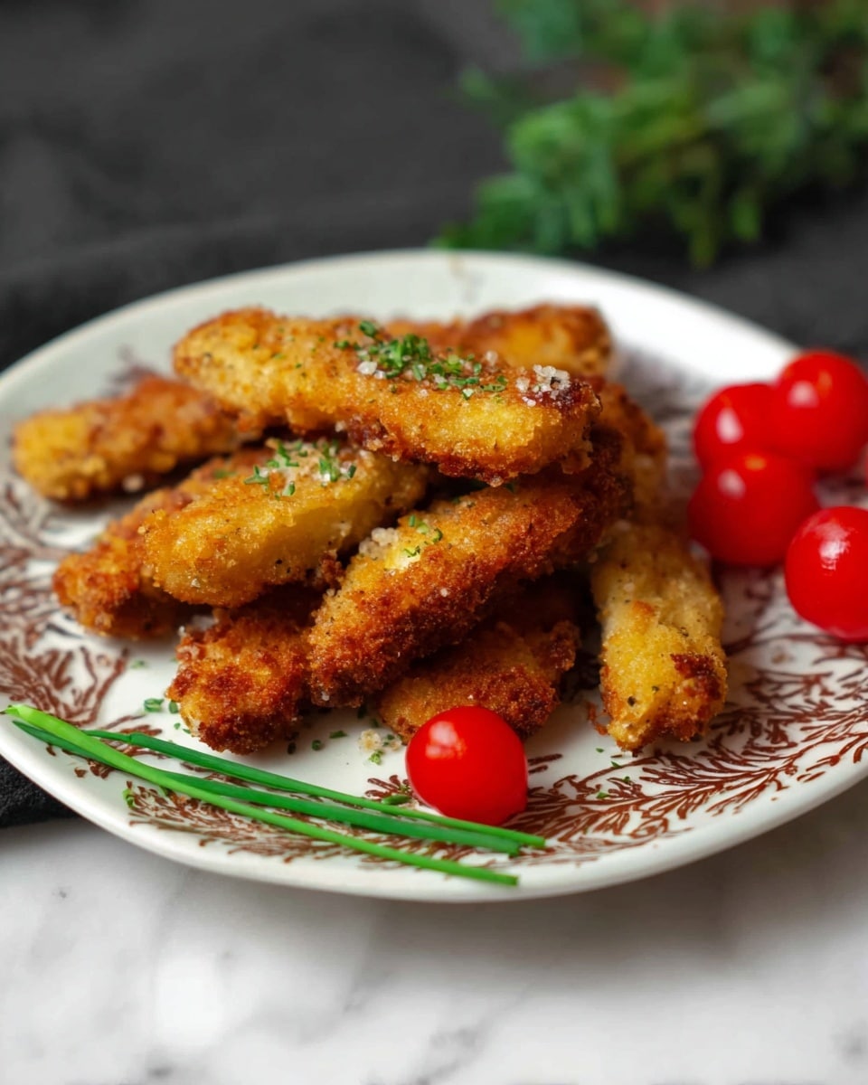 A stack of golden brown fried fish sticks with a crispy texture is arranged on a white plate with a decorative brown pattern. The fish sticks are sprinkled with small green herbs. To the right of the fish sticks, there are three bright red cherry tomatoes and some green chives lying beside them. The plate is placed on a white marbled surface. Photo taken with an iphone --ar 4:5 --v 7