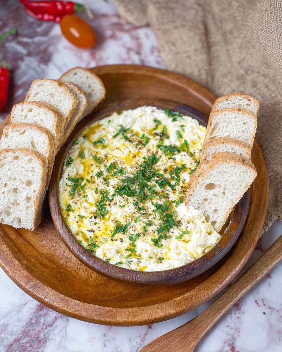 The image shows a bowl filled with a soft, creamy, white and yellow mixture, lightly sprinkled with green herbs on top. The bowl sits on a wooden plate, and on the side, there are several slices of light brown bread arranged vertically, leaning against the bowl. The background features a white marbled surface with some beige fabric and a small red chili and a grape tomato near the top left corner. photo taken with an iphone --ar 4:5 --v 7