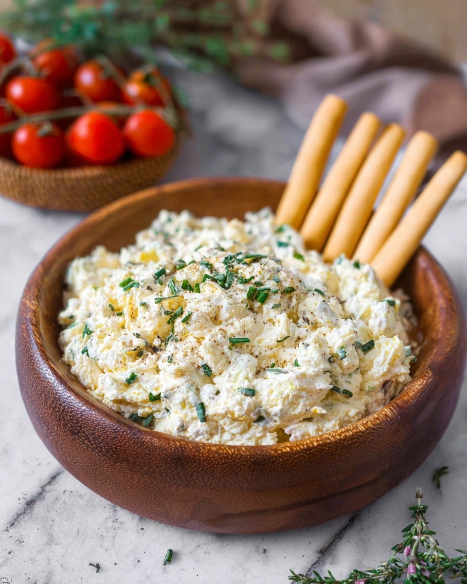 A round wooden bowl filled with a creamy, chunky mixture that is pale yellow and white, speckled with small green herb pieces scattered on top. On one side of the bowl, there are seven light brown rectangular bread sticks neatly placed in a row, leaning slightly over the mixture. The background is a soft white marbled surface. In the blurred background, there is a small basket holding bright red cherry tomatoes and some herbs. photo taken with an iphone --ar 4:5 --v 7