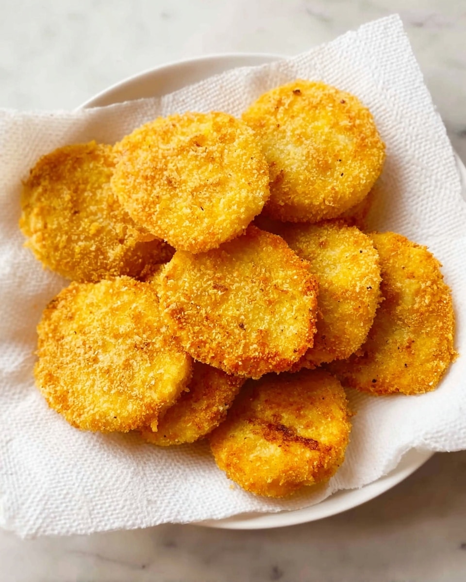 A white plate lined with a white paper towel holds a stack of about ten round, golden-yellow fried patties. Each patty has a rough, crumbly texture from its crispy coating, with small crunchy bits visible on the surface. Some patties overlap each other, showing irregular edges. The white marbled surface is partially seen under the plate. The overall look is warm and crunchy, with bright golden colors. photo taken with an iphone --ar 4:5 --v 7
