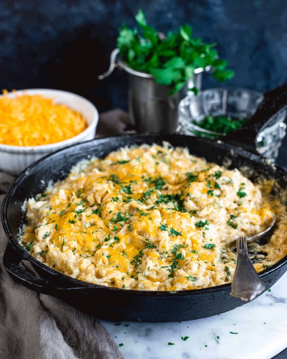 The dish is shown in a black cast iron pan with a spoon inside. It has a creamy, textured layer of shredded white and yellow cheese mixed with bits of green herbs scattered on top. The dish looks soft and rich with some browned edges. Behind the pan, there is a small white bowl filled with shredded yellow cheese and a small silver container holding fresh green herbs. The setting has a dark blurred background with the pan sitting on a white marbled surface. photo taken with an iphone --ar 4:5 --v 7