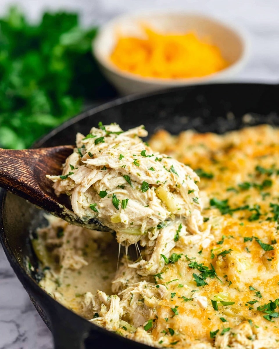 The image shows a close-up of a creamy, shredded chicken dish in a black cast iron skillet, with layers of soft, shredded white chicken mixed with melted yellow cheese and sprinklings of finely chopped fresh green herbs on top. A wooden spoon, worn and darkened, lifts a portion of the cheesy chicken mixture, revealing the smooth texture and melted cheese strands. In the blurry background, there is a small white bowl with shredded yellow cheese and some fresh green herbs, all set on a white marbled surface. The photo is taken with an iphone --ar 4:5 --v 7