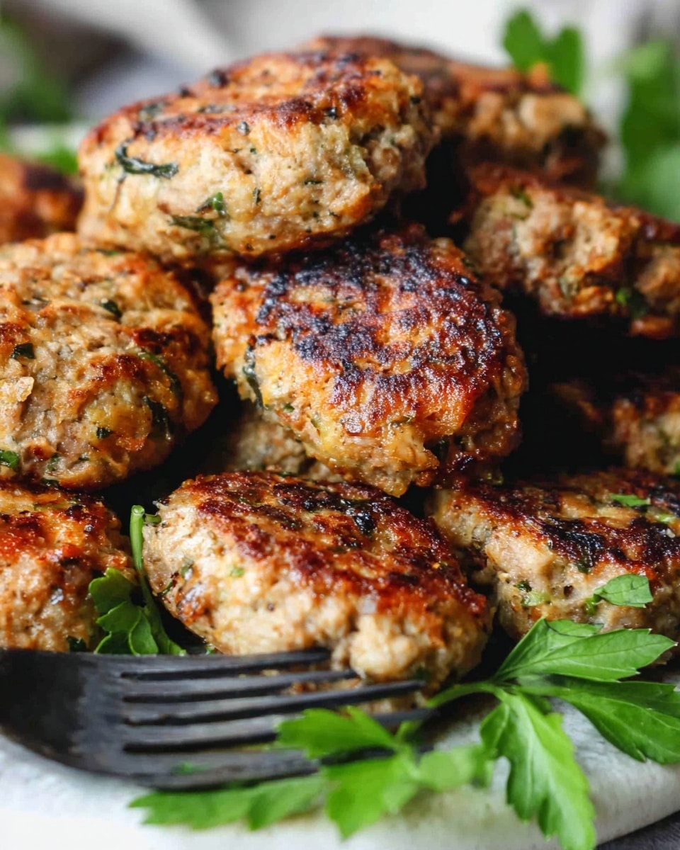 The image shows a close-up of many small, oval-shaped patties with a browned, slightly crispy surface and uneven texture mixed with bits of green herbs. They are stacked closely together on a white marbled surface, with fresh green parsley leaves scattered among them. The patties have a light golden-brown color with hints of darker brown from cooking. A black fork is placed near the bottom center of the image, leaning on the surface. The overall look is rustic and homemade, with a focus on the different shades of brown and green against the white marbled background. photo taken with an iphone --ar 4:5 --v 7