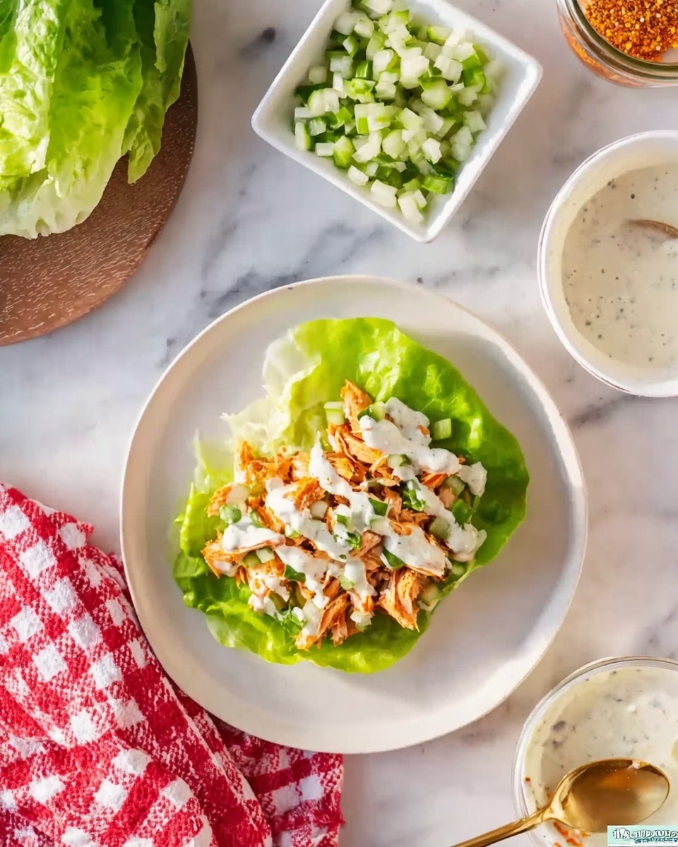 A white plate holds a fresh green lettuce leaf as the base layer, topped with shredded orange and brown cooked chicken mixed with bits of seasoning. On top of the chicken is a drizzle of creamy white sauce. Nearby, there is a small square white bowl filled with finely chopped light green and white vegetables, and a small round white bowl with more of the same creamy white sauce and a gold spoon inside. The setting is on a white marbled surface with a red and white checkered cloth folded to one side. Photo taken with an iphone --ar 4:5 --v 7