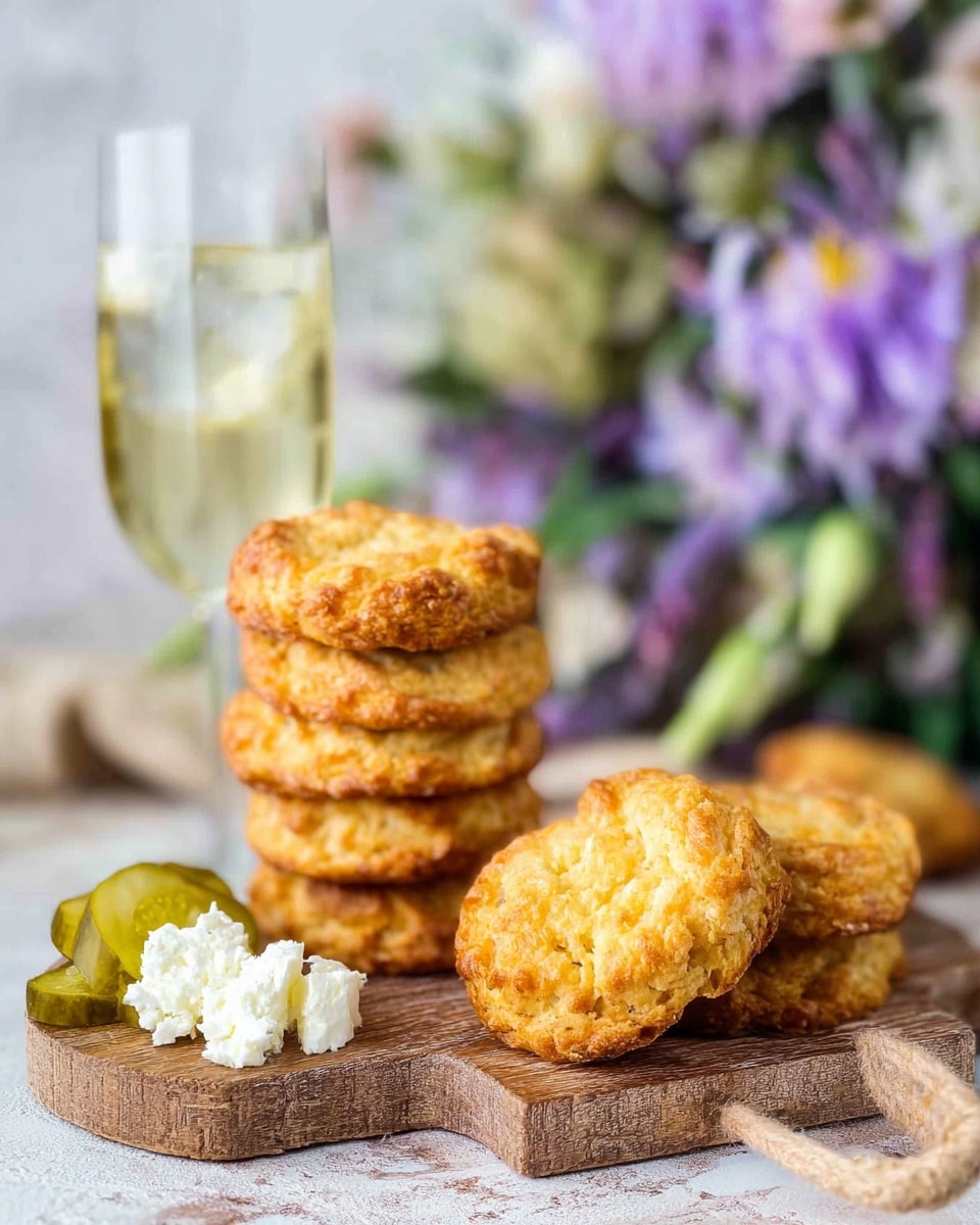 The image shows a stack of five round, golden-brown savory biscuits with a rough, crumbly texture in the front right side on a wooden cutting board with a handle. Behind the stack are more biscuits laid flat on the board. To the left of the stack, a small pile of white cottage cheese and some pale green pickles sit on the board. Behind the food, a tall, thin glass filled with a clear drink sits in front of blurred purple and green flowers. The background and surface have a white marbled texture. photo taken with an iphone --ar 4:5 --v 7