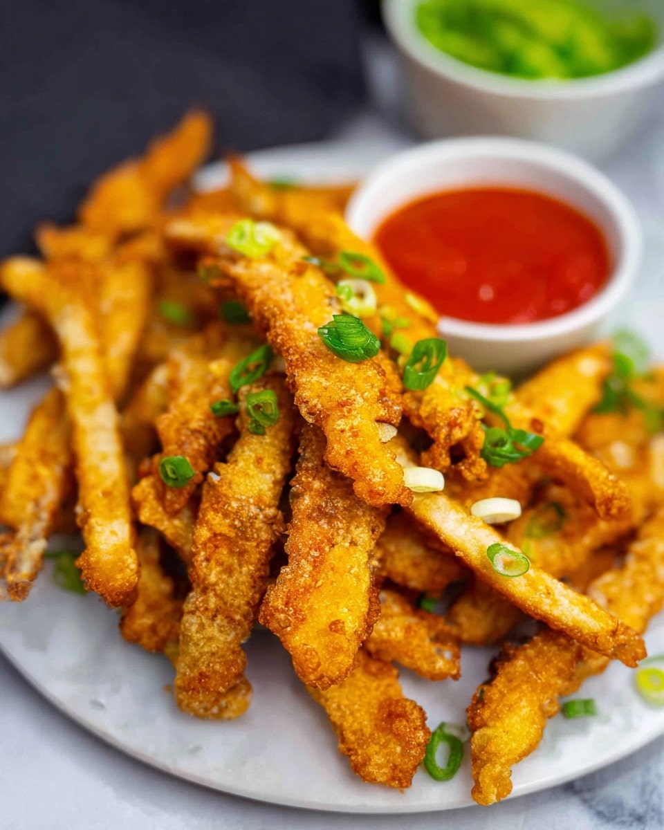 The image shows a pile of golden-brown fried strips arranged closely on a white plate, each piece crispy with a rough texture and sprinkled with chopped green onions for a fresh touch. In the background, there is a small round white bowl filled with a bright red sauce placed near the top right of the plate, and another small white bowl with green vegetables blurred further back. The whole scene is set on a white marbled surface, giving a clean and bright look. Photo taken with an iphone --ar 4:5 --v 7