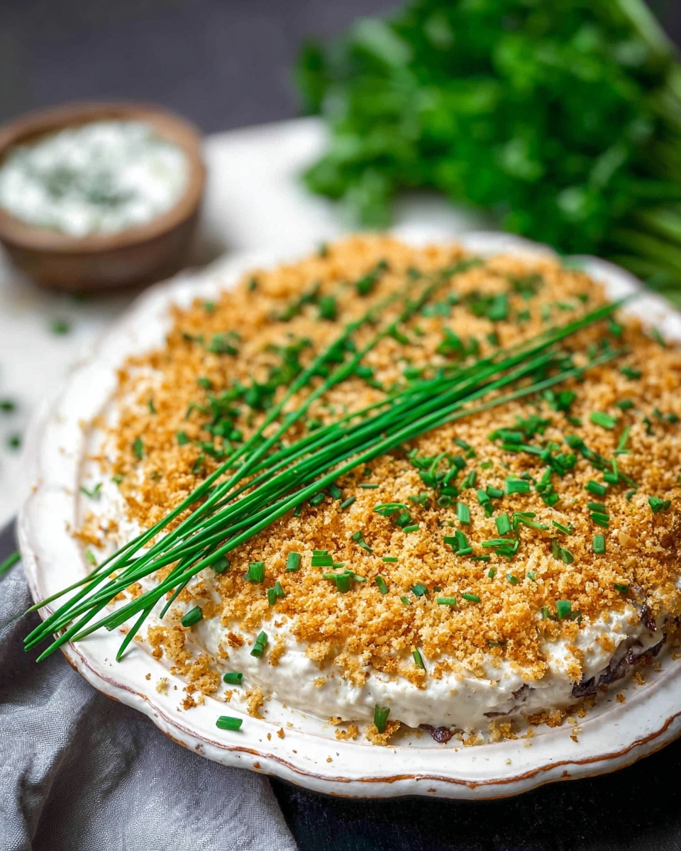 The dish shows a single large round serving in a white plate with a decorative edge, placed on a white marbled surface. The bottom layer is a creamy, white textured spread, topped heavily with a coarse, golden-brown crumb layer that looks crunchy. On top of this crumb layer, there are finely chopped bright green chives scattered evenly in the center. Five long green chive stalks lay diagonally across one side of the dish, adding fresh green color contrast. In the slightly blurred background, a bunch of green herbs and a small cup of a creamy white dip with herbs can be seen. The photo is taken with an iphone --ar 4:5 --v 7