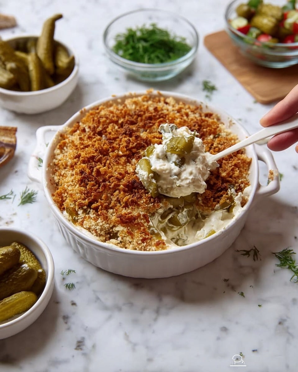 A white ceramic round baking dish holds a creamy dip beneath a thick, golden-brown crunchy topping that looks toasted. A woman's hand with a white spoon lifts a scoop showing the creamy white inside mixed with small green pickle pieces. The dish sits on a white marbled surface. Around it, there are small white bowls; one with whole pickles, a clear bowl with chopped green herbs, and another clear bowl in the background holding sliced pickles mixed with small red pieces. Photo taken with an iphone --ar 4:5 --v 7
