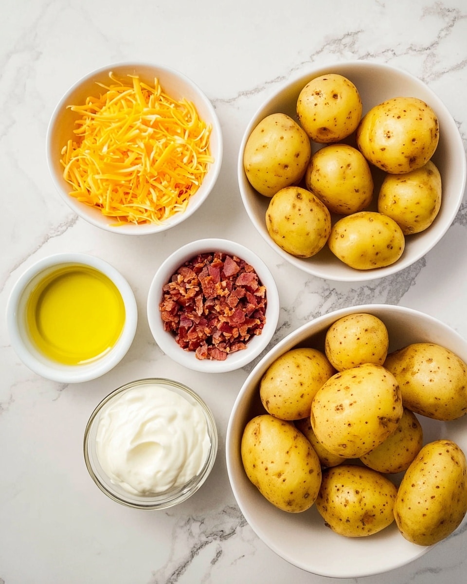 The image shows five white bowls on a white marbled surface. The largest bowl on the right is filled with yellow baby potatoes that have a smooth texture and small brown spots. Above it, a medium bowl holds bright orange shredded cheese with a fine, stringy texture. On the left, there is a small bowl with golden yellow oil, smooth and shiny. Next to it, a small bowl contains crumbled reddish-brown bacon bits with a coarse texture. The last small bowl holds a dollop of white sour cream with a creamy and soft texture. The bowls are arranged in a loose circle. photo taken with an iphone --ar 4:5 --v 7