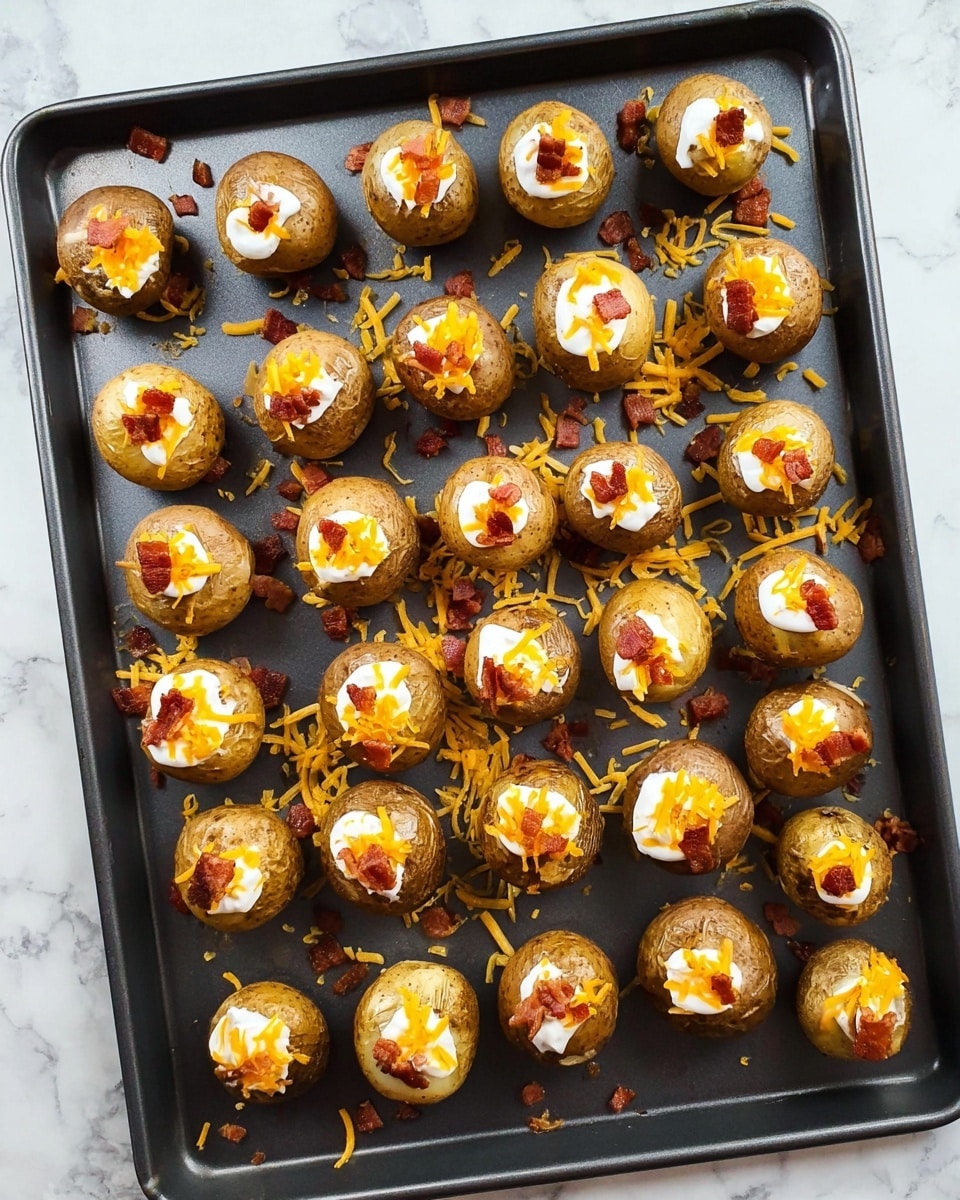 The image shows a black baking tray filled with about 35 small, round potatoes arranged in rows. Each potato is topped with a small dollop of white sour cream, thin orange-yellow shredded cheddar cheese, and bits of reddish-brown bacon pieces scattered on top and around the tray. The potatoes have a golden brown, slightly wrinkled skin texture. The tray rests on a white marbled surface. photo taken with an iphone --ar 4:5 --v 7