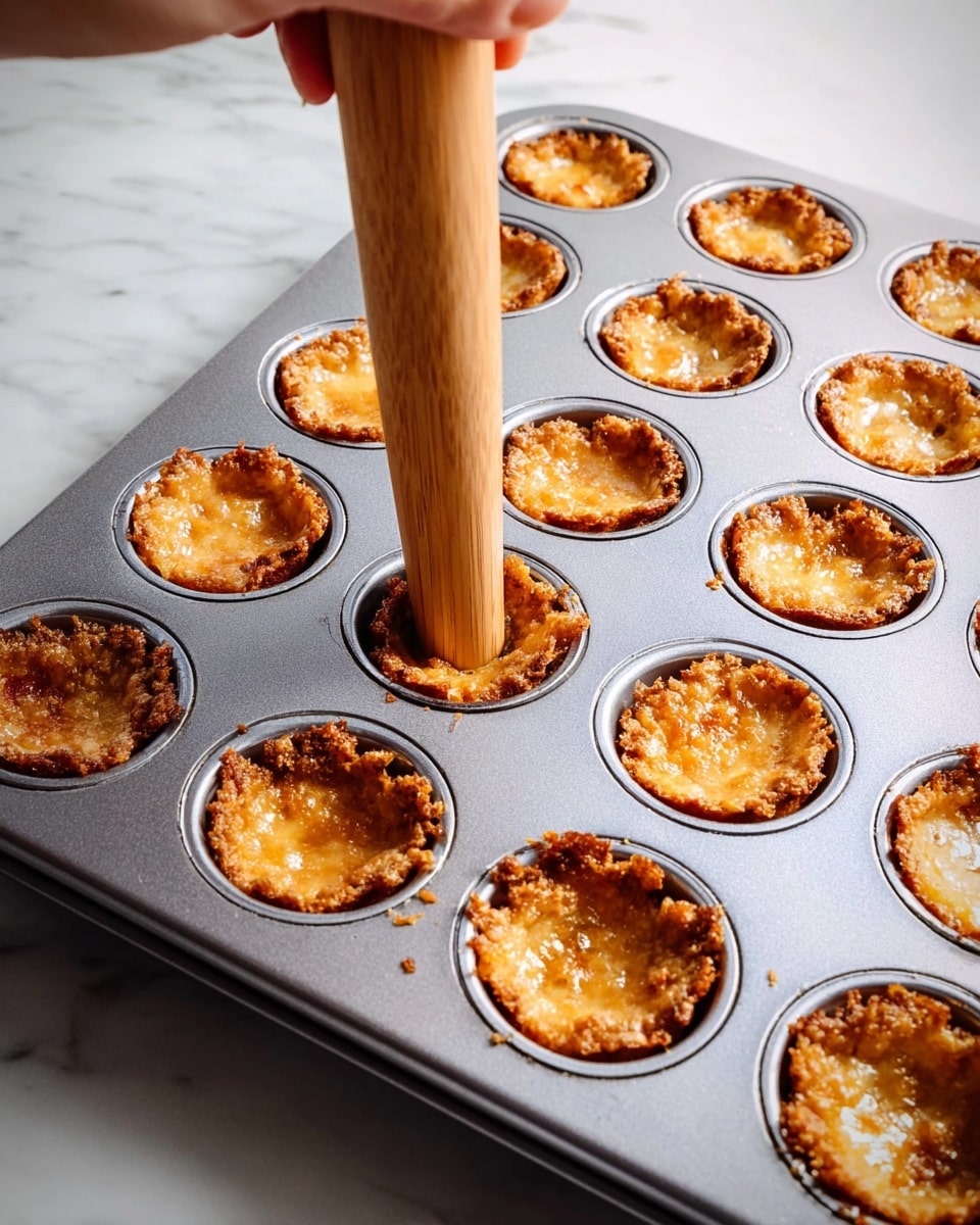 A gray metal mini muffin tray with 24 small round cups, each filled with a golden brown crispy crust that is slightly uneven and crumbly around the edges. In the center of each crust is a shallow hollow pressed inward, with a wooden tamper tool pressing into one of the cups to make the cavity, showing texture details of the crumbly crust made from a mashed or grated ingredient. The tray sits on a clean white marbled surface, and a woman's hand is holding the wooden tool. The lighting is bright and natural, highlighting the warm colors and crisp textures of the crusts photo taken with an iphone --ar 4:5 --v 7