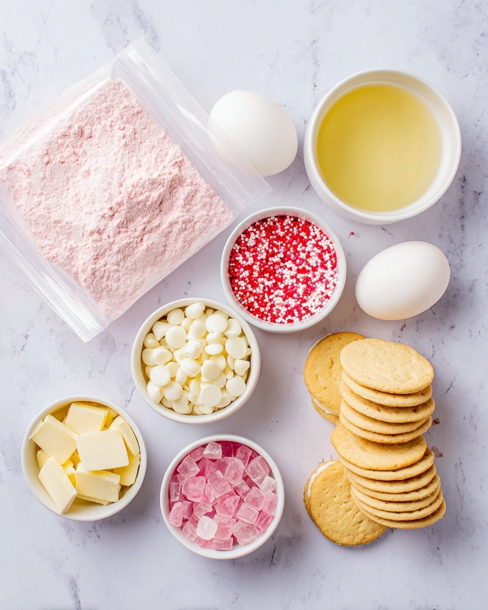 On a white marbled surface, there is a clear plastic bag filled with light pink powder on the left side. To the right, there are small white bowls holding different baking ingredients: one with white chocolate chips, another with red, pink, and white sprinkles, a third bowl containing pale yellow melting wafers, and a fourth with pink sugar crystals. Next to these bowls, there is a bowl filled with yellowish liquid, two whole white eggs, and a neat stack of golden vanilla sandwich cookies. The colors show soft whites, pinks, yellows, and reds with smooth and granular textures. Photo taken with an iphone --ar 4:5 --v 7