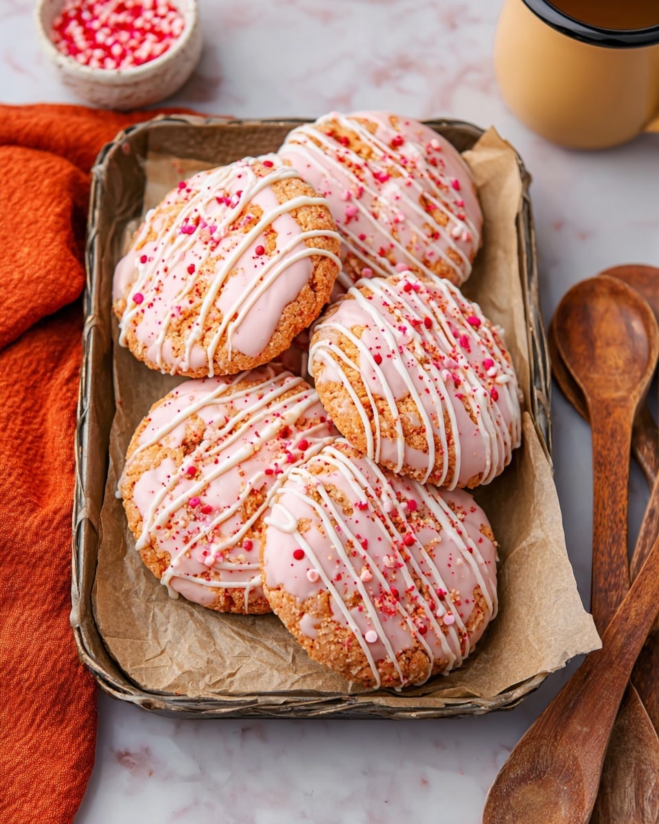 A metal tray lined with brown parchment paper holds six large round cookies with a soft pink color. Each cookie has a crumbly topping in light brown and is decorated with small red and pink sprinkles. White icing is drizzled in thin lines over the top of every cookie. The tray sits on a white marbled surface with an orange cloth nearby, along with wooden measuring spoons. Photo taken with an iphone --ar 4:5 --v 7