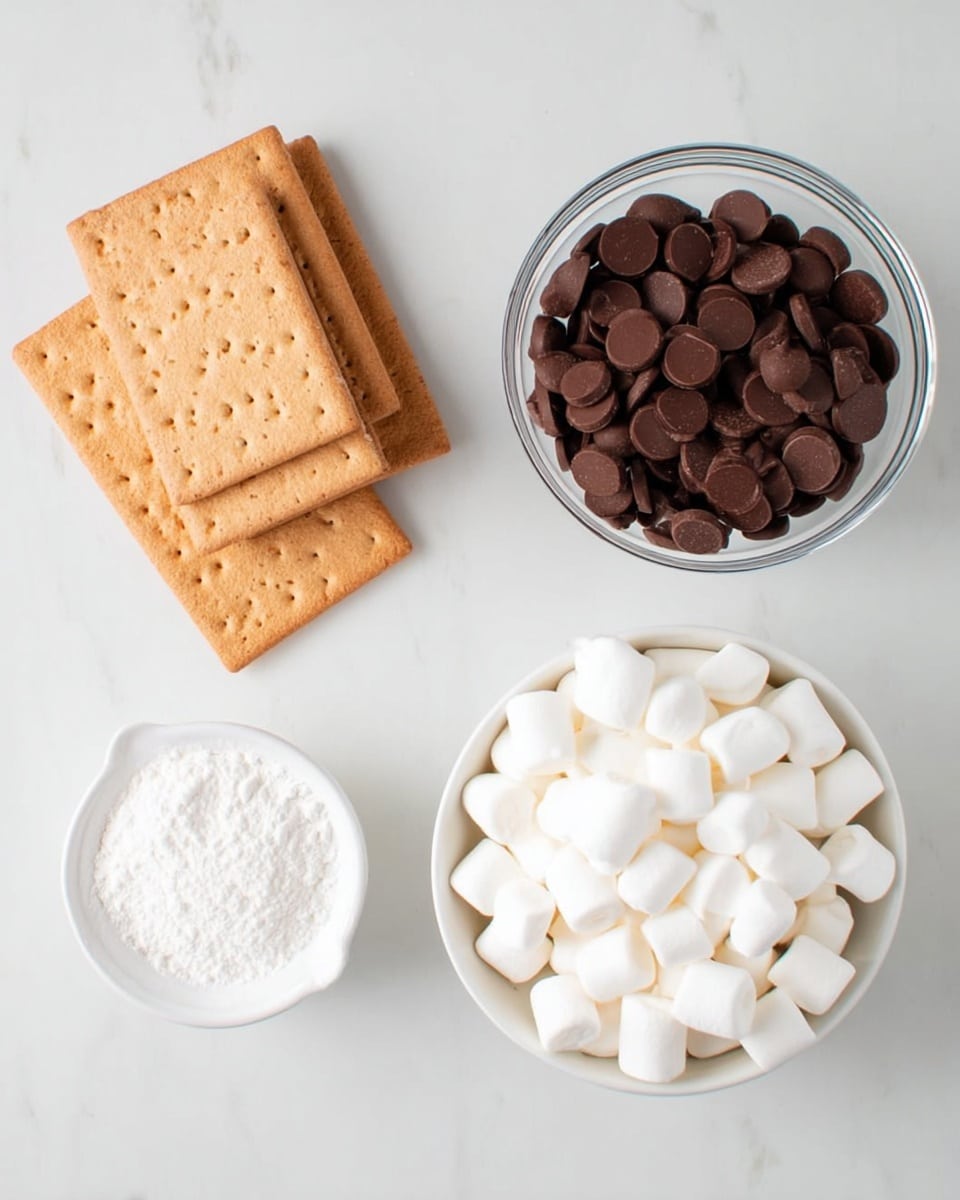 The image shows four groups of ingredients arranged on a white marbled surface. On the left, there are five rectangular light brown graham crackers stacked slightly unevenly. On the top right, a clear bowl is filled with round dark brown chocolate pieces. Below this, a white bowl holds many small, white, soft marshmallows. Near the top left, there is a small white cup filled with white powder, likely powdered sugar. photo taken with an iphone --ar 4:5 --v 7