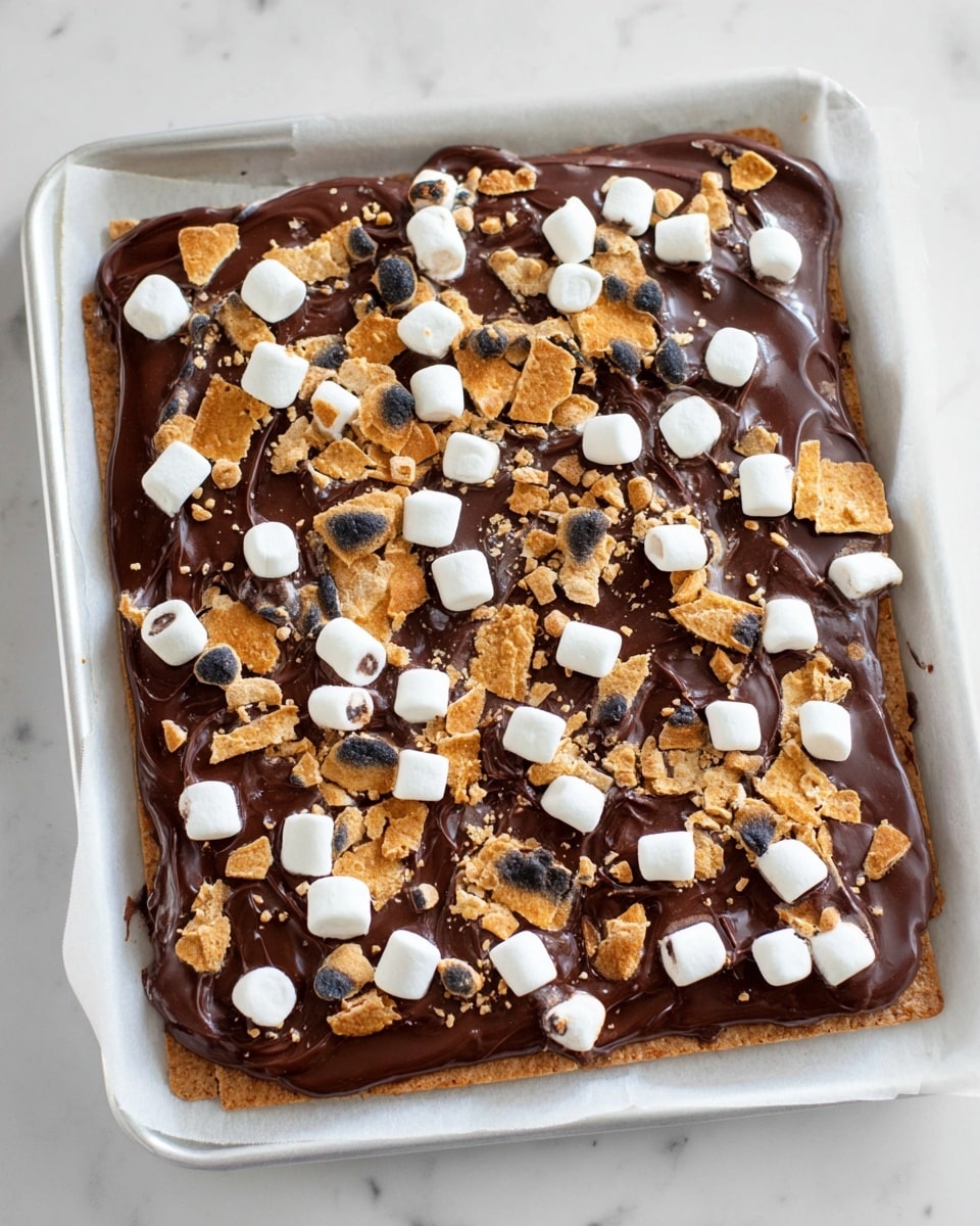 The image shows a single-layer rectangular treat on a white parchment paper over a metal tray. The base is lightly golden graham crackers visible under a thick, smooth layer of dark brown chocolate spread. On top, small white marshmallows with some toasted black spots are scattered all over, mixed with broken chunks of golden brown graham crackers, adding a crunchy texture. The chocolate spread has soft edges that slightly spill over the crackers beneath. The background surface is a white marbled texture. photo taken with an iphone --ar 4:5 --v 7