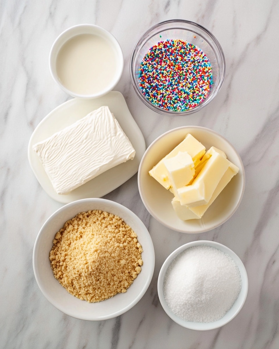The image shows six small white bowls arranged on a white marbled surface. The largest bowl on the bottom right contains a heap of light brown crumbs. To the left of this bowl, there is a thick block of white cream cheese divided into two parts. Above the cheese, a white bowl holds light cream liquid. Next to it, a transparent glass bowl is filled with colorful round sprinkles. To the right of the sprinkles, a white bowl contains two blocks of pale yellow butter. At the top right, another white bowl holds fine white sugar. The setup looks clean and ready for baking preparation photo taken with an iphone --ar 4:5 --v 7