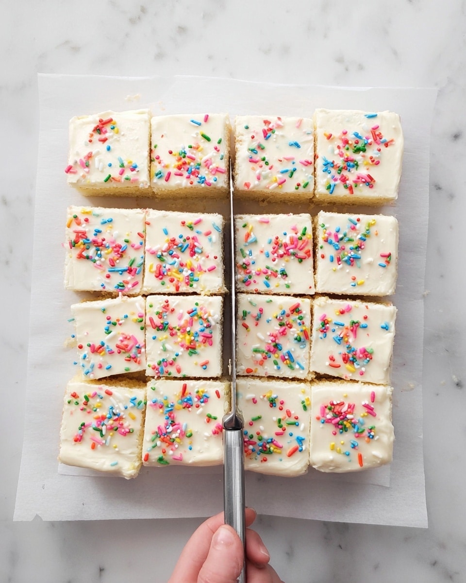 A square sheet of cake is cut into 16 equal pieces, arranged in a 4 by 4 grid on white parchment paper over a white marbled surface. The cake has two visible layers: a light golden brown base and a thick white frosting top layer that is creamy and smooth, scattered with small colorful sprinkles in red, blue, green, yellow, and pink. A large silver knife is cutting through the middle row of cake squares, held by a woman's hand at the bottom of the image. Photo taken with an iphone --ar 4:5 --v 7