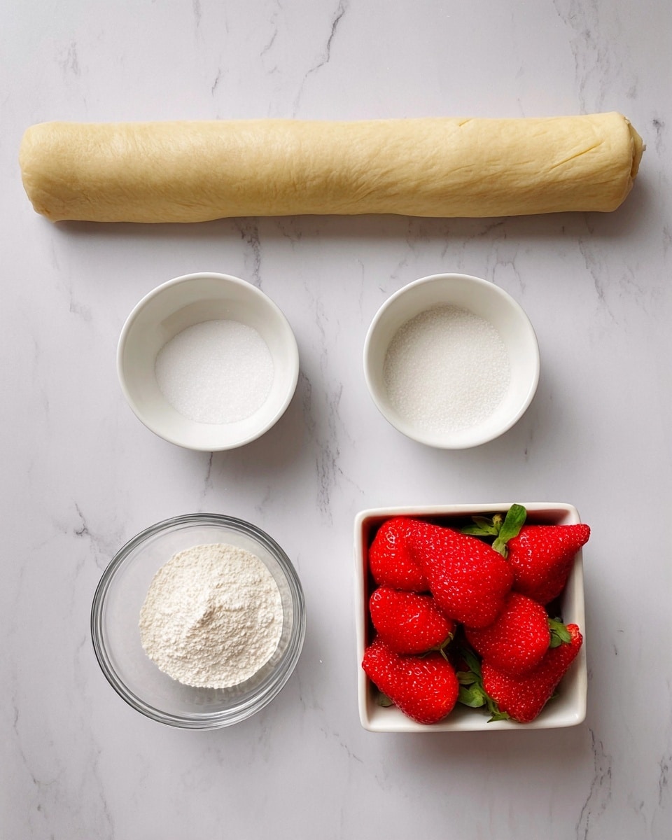 A long, thin roll of dough lies at the top center on a white marbled surface. Below it, three small white bowls are lined up horizontally; the left bowl contains white granulated sugar, the middle bowl holds a white powder, likely flour, with a slightly glossy texture in a clear glass bowl, and the right bowl is filled with fresh, bright red strawberries with green tops in a white square container. The colors contrast brightly against the soft white background. Photo taken with an iphone --ar 4:5 --v 7