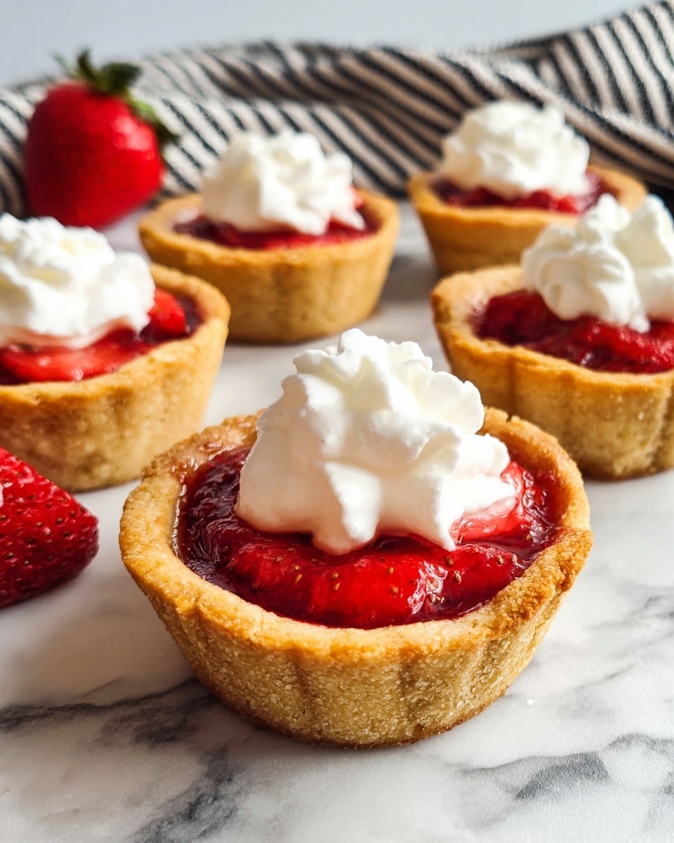 The image shows six small tartlets arranged on a white marbled surface. Each tartlet has two layers: a golden-brown crust forming a cup shape on the bottom and sides, filled with bright red strawberry filling, topped with a dollop of white whipped cream. The strawberry filling looks smooth with slight texture from fruit seeds visible beneath the cream. In the background, there is a cloth with white and dark gray stripes, adding soft contrast. One fresh red strawberry is partly visible on the left side of the frame. The focus is on the front tartlet, showing detailed textures of the crust, filling, and cream. photo taken with an iphone --ar 4:5 --v 7