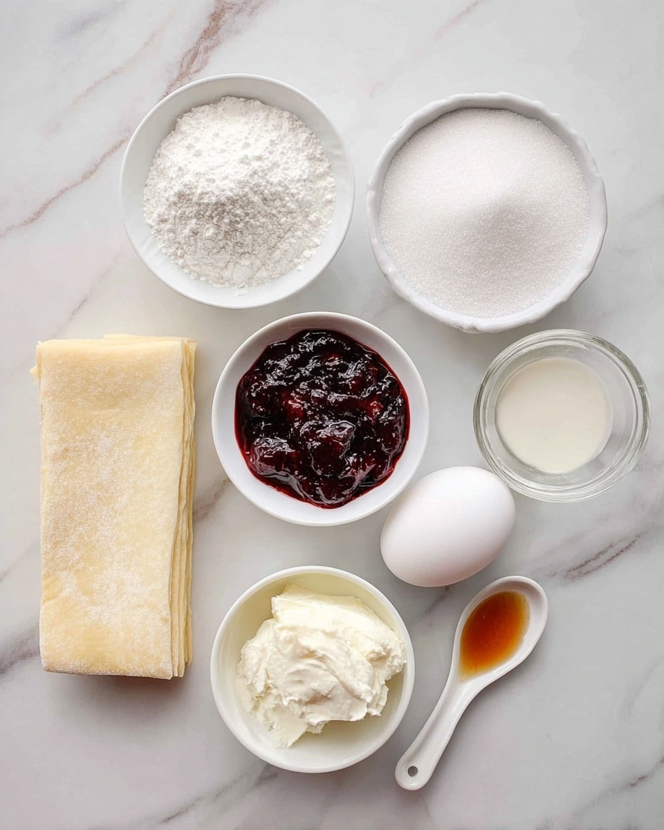The image shows seven ingredients arranged on a white marbled surface: a small white bowl filled with powdered sugar at the top left, a small white bowl of dark red jam with visible berry chunks next to it, and a small white bowl of granulated white sugar at the top right. Below them is an uncracked white egg in the center, a folded rectangular piece of light beige dough or pastry at the bottom left, a small white bowl of soft white cream cheese or similar spread below the jam, a small clear glass bowl with a small amount of white liquid to the right, and a white ceramic spoon with amber-colored vanilla extract at the bottom right. Photo taken with an iphone --ar 4:5 --v 7