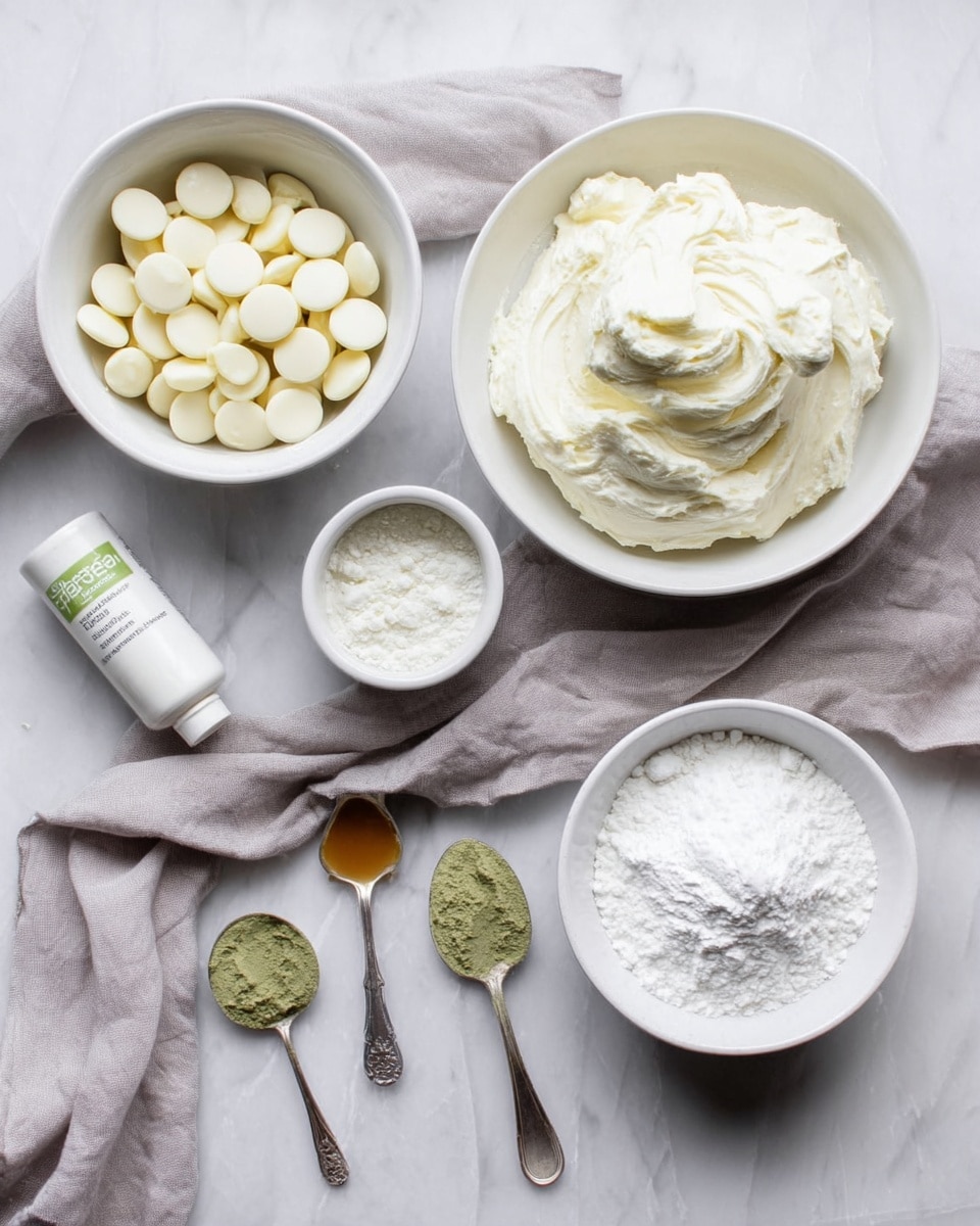 The image shows six bowls and spoons with different baking ingredients arranged neatly on a white marbled surface. On the left, a white bowl is filled with small, round, white chocolate pieces, and next to it on the right is another white bowl holding a large scoop of thick, creamy white frosting. Further right, there is a white bowl filled with powdered sugar. In front of these bowls, three small spoons with long handles hold various small amounts of ingredients: the left spoon contains a light brown liquid, the middle spoon is empty, and the right spoon has a green powder. Behind the spoons, a small white bottle with a green label lies on its side. A light gray cloth is softly draped under the bowls and around the powdered sugar bowl. photo taken with an iphone --ar 4:5 --v 7