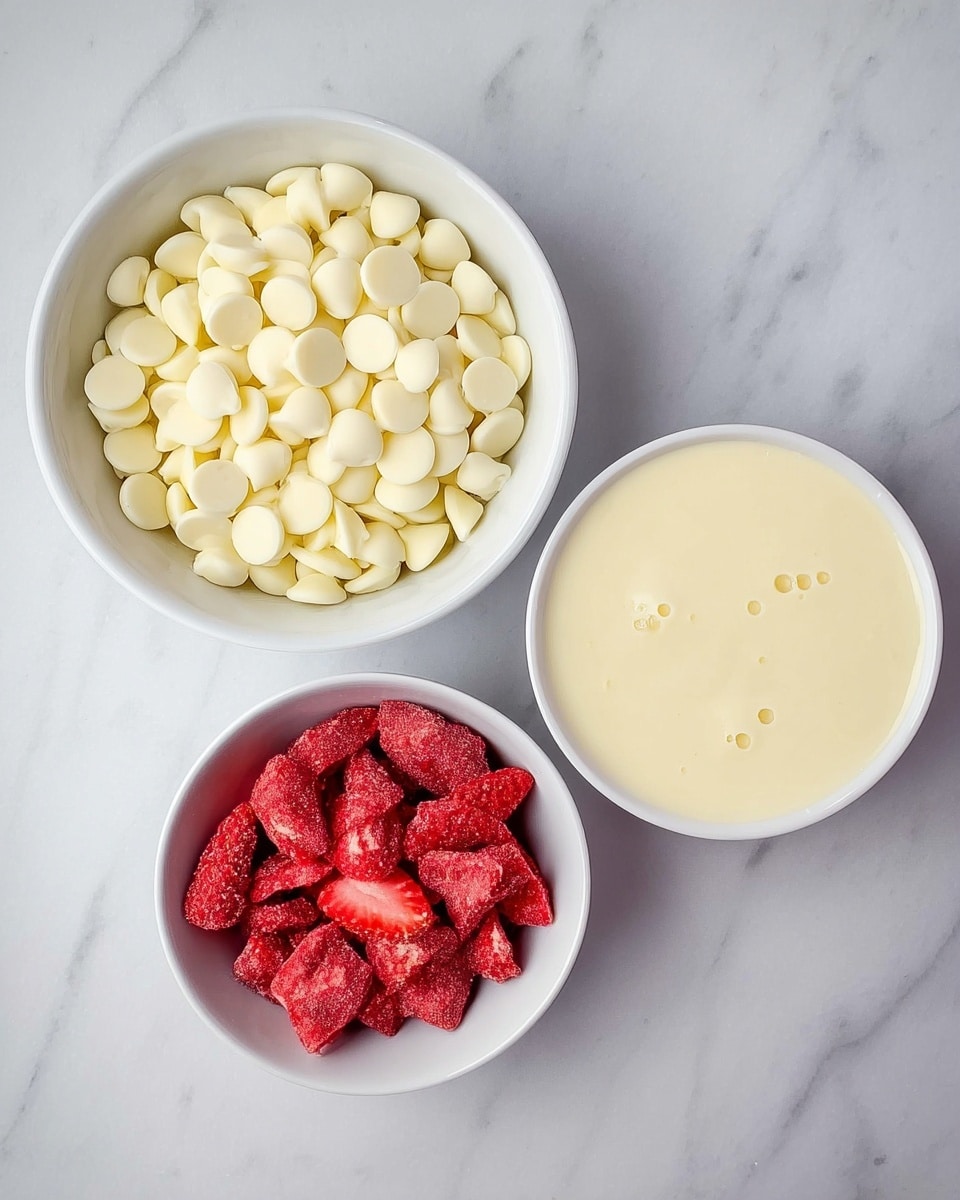Three white bowls are placed on a white marbled surface. The largest bowl is filled with many small, round, white chocolate chips that cover the bowl evenly. To its right, a medium-sized bowl holds a smooth, thick, light cream-colored sauce with a few small bubbles on top. Below and centered between the two bowls, a smaller bowl contains bright red, unevenly shaped freeze-dried strawberry pieces, showing their rough texture clearly. The overall colors are white, cream, and bright red, with a clean and simple arrangement. photo taken with an iphone --ar 4:5 --v 7