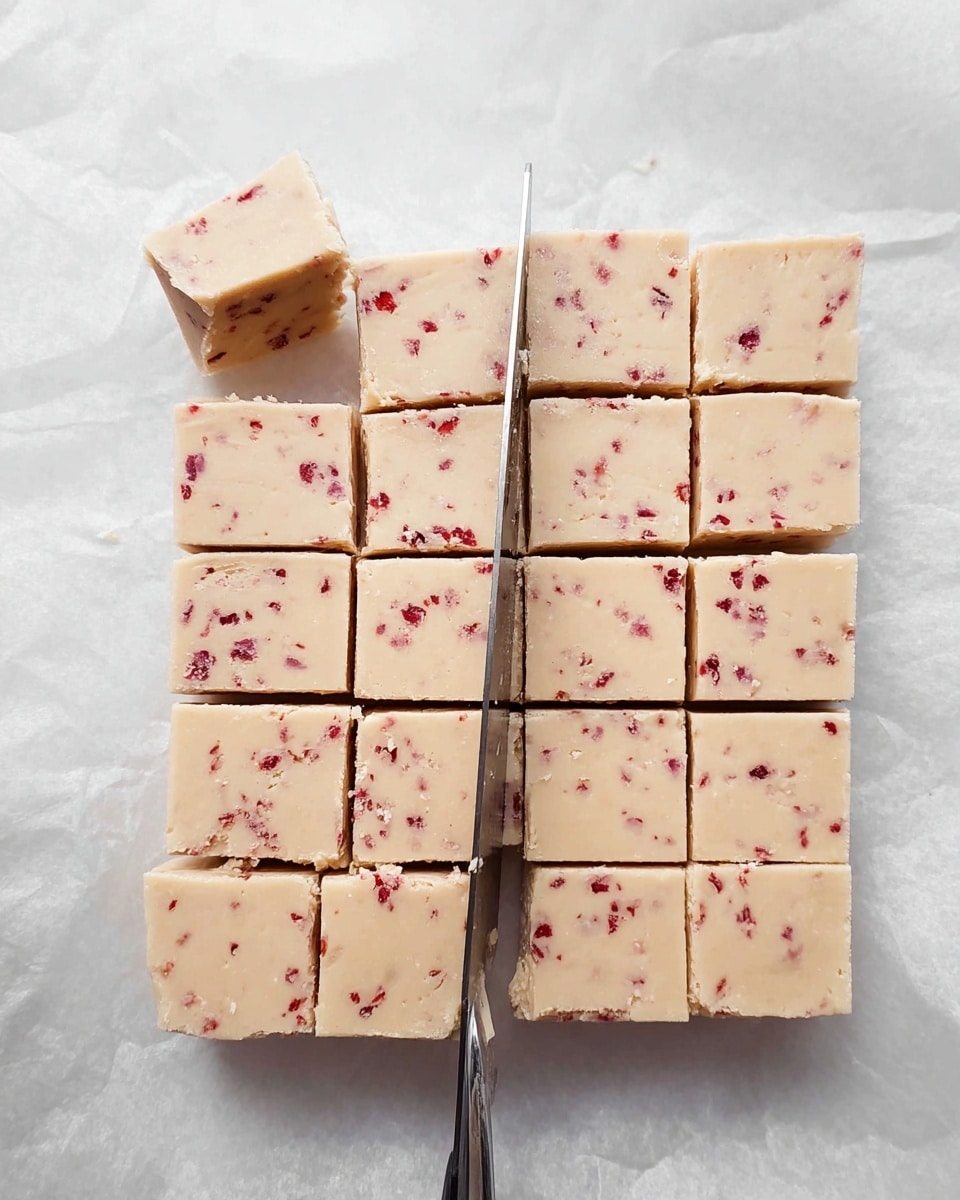 The image shows a block of light beige fudge with small red specks mixed throughout, divided into 24 square pieces on a white marbled surface. A metal knife is slicing vertically through the middle column of fudge pieces. The fudge has a smooth texture with tiny uneven red bits spread evenly inside. The edges of the fudge are slightly uneven where it meets the white parchment paper underneath. Photo taken with an iphone --ar 4:5 --v 7
