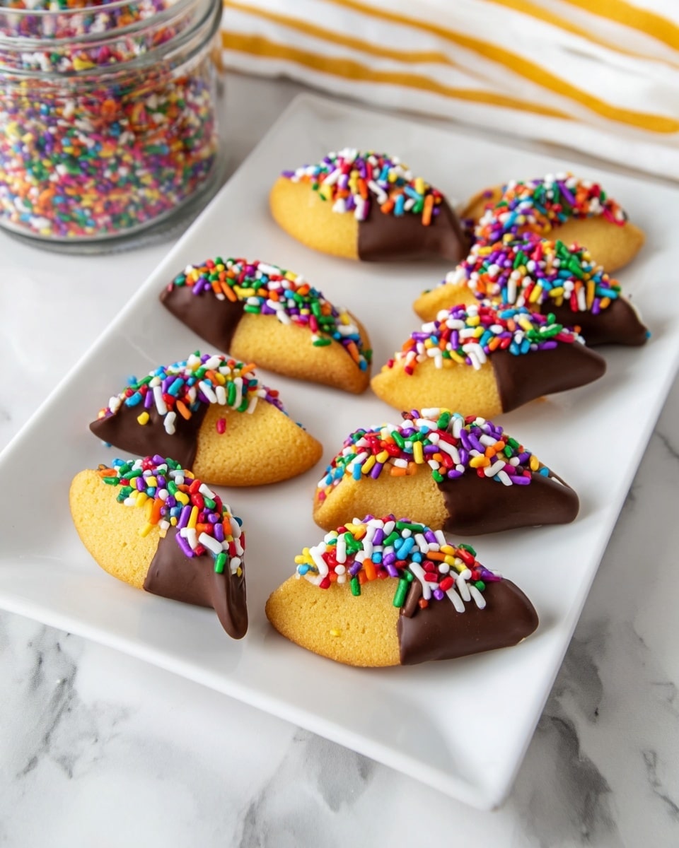 The image shows six fortune cookies arranged on a white rectangular plate placed on a white marbled surface. Each cookie is half-dipped in dark chocolate on one side and topped with bright, colorful sprinkles in red, green, purple, yellow, white, blue, and orange, creating a festive look. The golden brown of the cookies contrasts with the rich dark brown chocolate and the vibrant sprinkles, making the details stand out clearly. In the background, there is a jar filled with more colorful sprinkles and a white and yellow striped cloth visible at the top right. The lighting is bright and natural, highlighting the textures on the cookies and sprinkles photo taken with an iphone --ar 4:5 --v 7