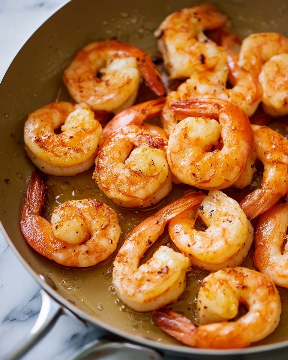This image shows a close-up of about a dozen cooked shrimp arranged closely inside a light brown pan. Each shrimp is curved in a crescent shape, with a bright orange outer shell and a pale white inner meat texture. The shrimp have a light golden-brown sear that shows a slight crispiness on their surface. The pan’s interior has a smooth, slightly shiny finish with some tiny oil droplets visible. The background is a white marbled texture. photo taken with an iphone --ar 4:5 --v 7