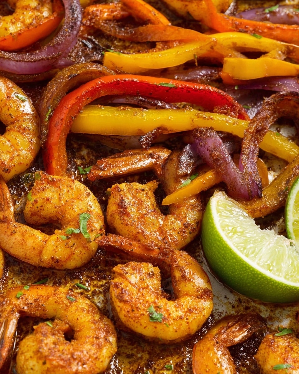This close-up image shows a cooked dish with two main layers: the bottom layer has cooked shrimp that are orange with brown seasoning, arranged mostly on the lower half of the image; on top and behind the shrimp is a layer of cooked bell pepper strips and onions in red, yellow, orange, and purple colors, mixed together with a slightly charred, shiny texture. A bright green lime wedge is placed near the shrimp on the right side. All of this sits on a surface with a light oily shine and darkened spots from cooking, with a white marbled texture visible around the edges. Photo taken with an iphone --ar 4:5 --v 7