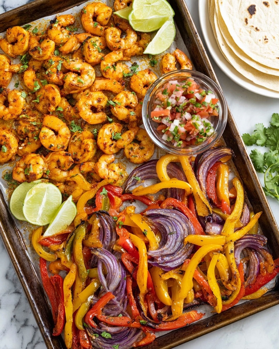 A tray filled with two main sections: the top left has a layer of cooked shrimp with a golden orange color and light grill marks, garnished with small green cilantro leaves and lime wedges; the bottom right has a mix of cooked red, yellow, and orange bell pepper strips and thin slices of red onion with slight charring and a soft texture, also garnished with cilantro leaves; a small glass bowl with fresh salsa made of diced tomatoes, onions, and green herbs sits near the top center; in the background on the right, there is a white plate stacked with tortillas on a white marbled surface. photo taken with an iphone --ar 4:5 --v 7